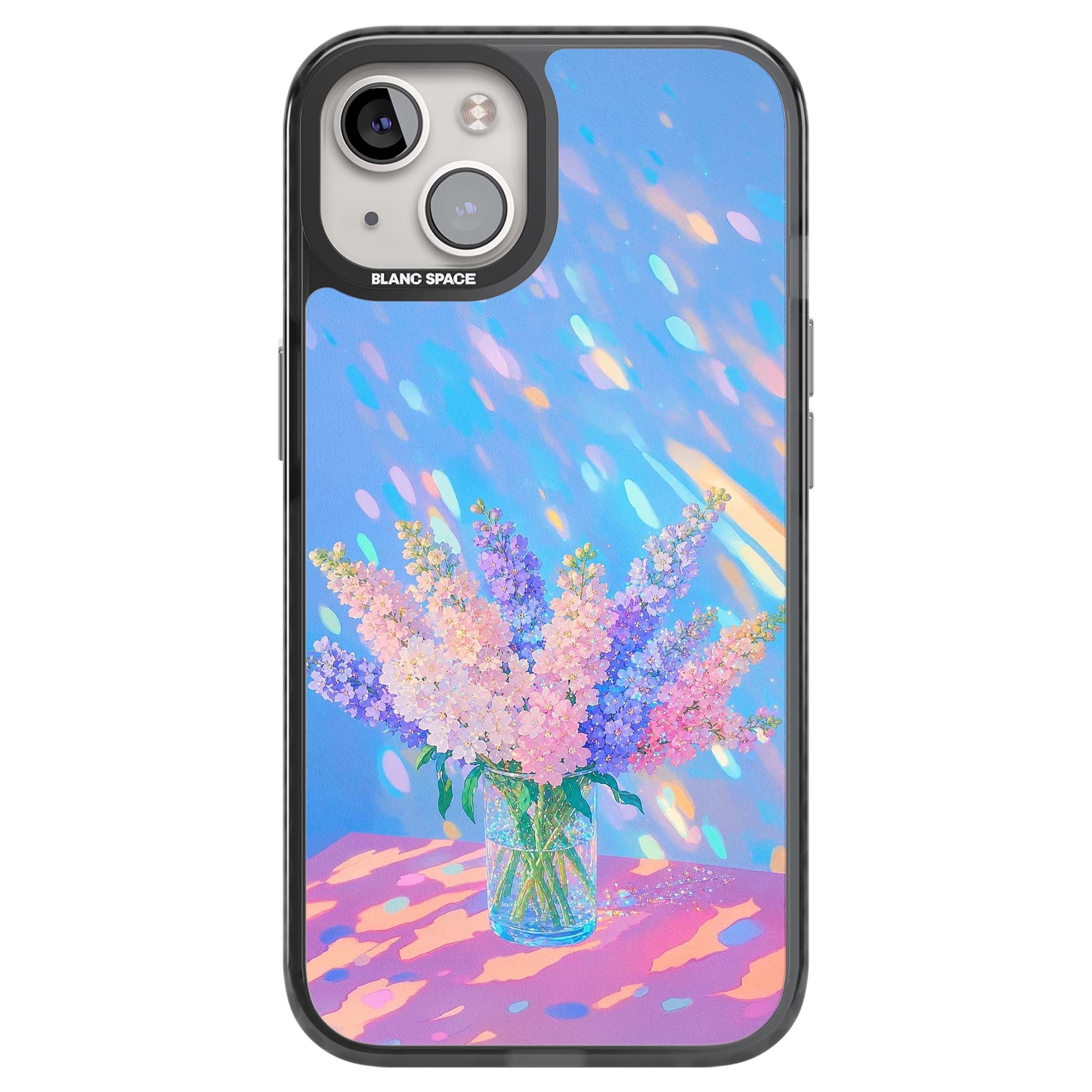 Bubblegum Flowers floral iPhone case featuring pastel lilac and pink bouquet in a glass vase with iridescent light | Black Impact Magsafe case for iPhone 13, iPhone 14, iPhone 15