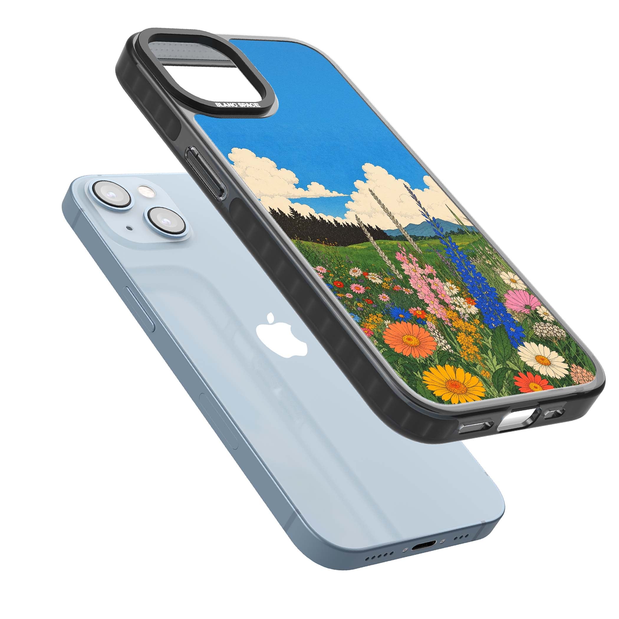 Wildbloom wildflower iPhone case featuring a vintage Japanese-style meadow landscape with daisies, delphiniums and moun | Black Impact Magsafe case for iPhone 13, iPhone 14, iPhone 15