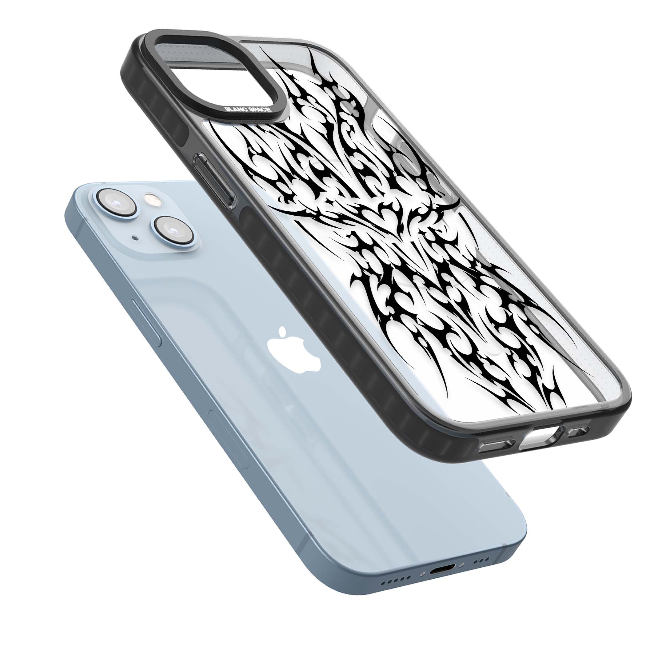 Neo Tribal Heart gothic iPhone case featuring symmetrical black tribal tattoo art with sharp thorn-like linework | Black Impact Magsafe case for iPhone 13, iPhone 14, iPhone 15