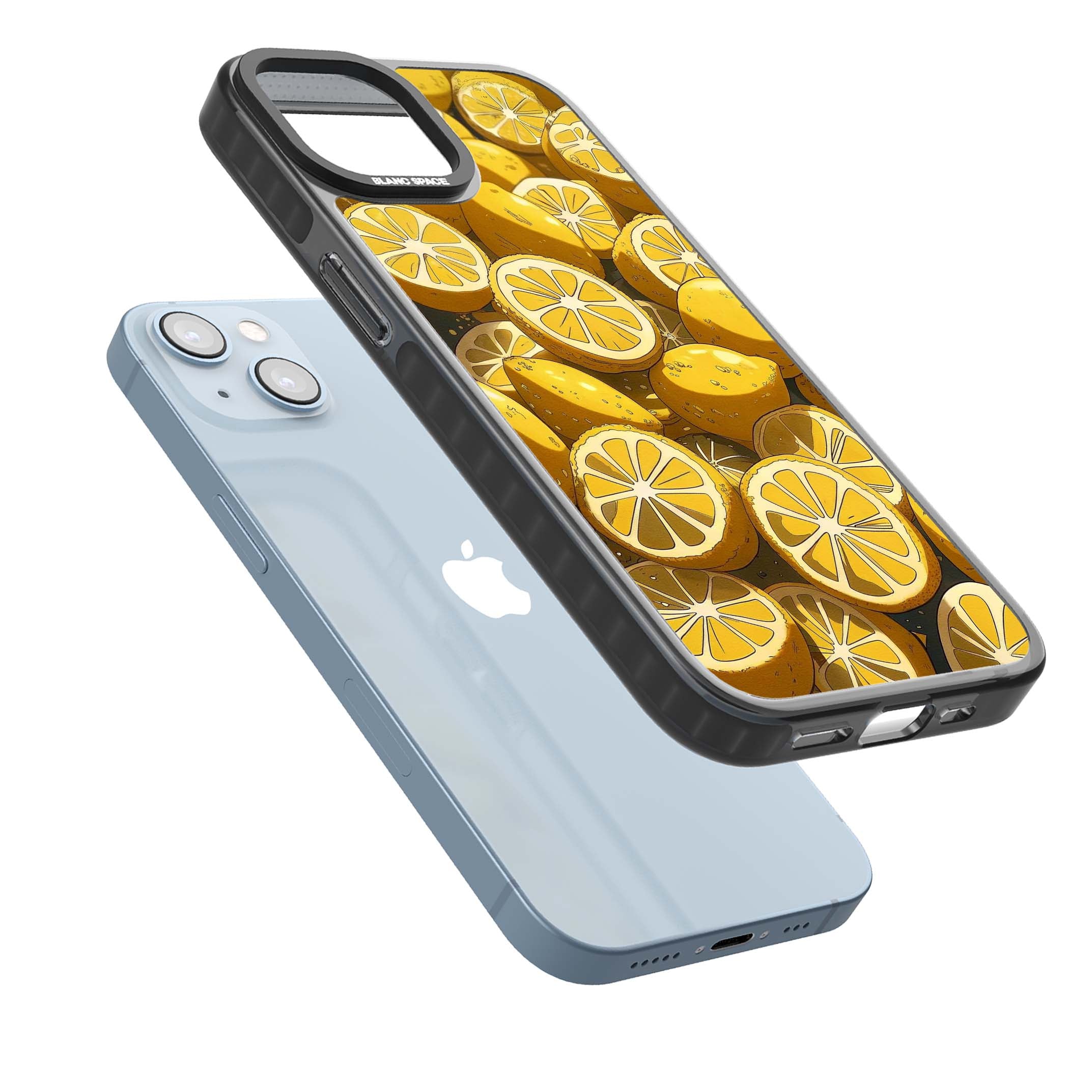 Zesty coastal iPhone case featuring illustrated Mediterranean lemons and citrus slices in golden yellow | Black Impact Magsafe case for iPhone 13, iPhone 14, iPhone 15