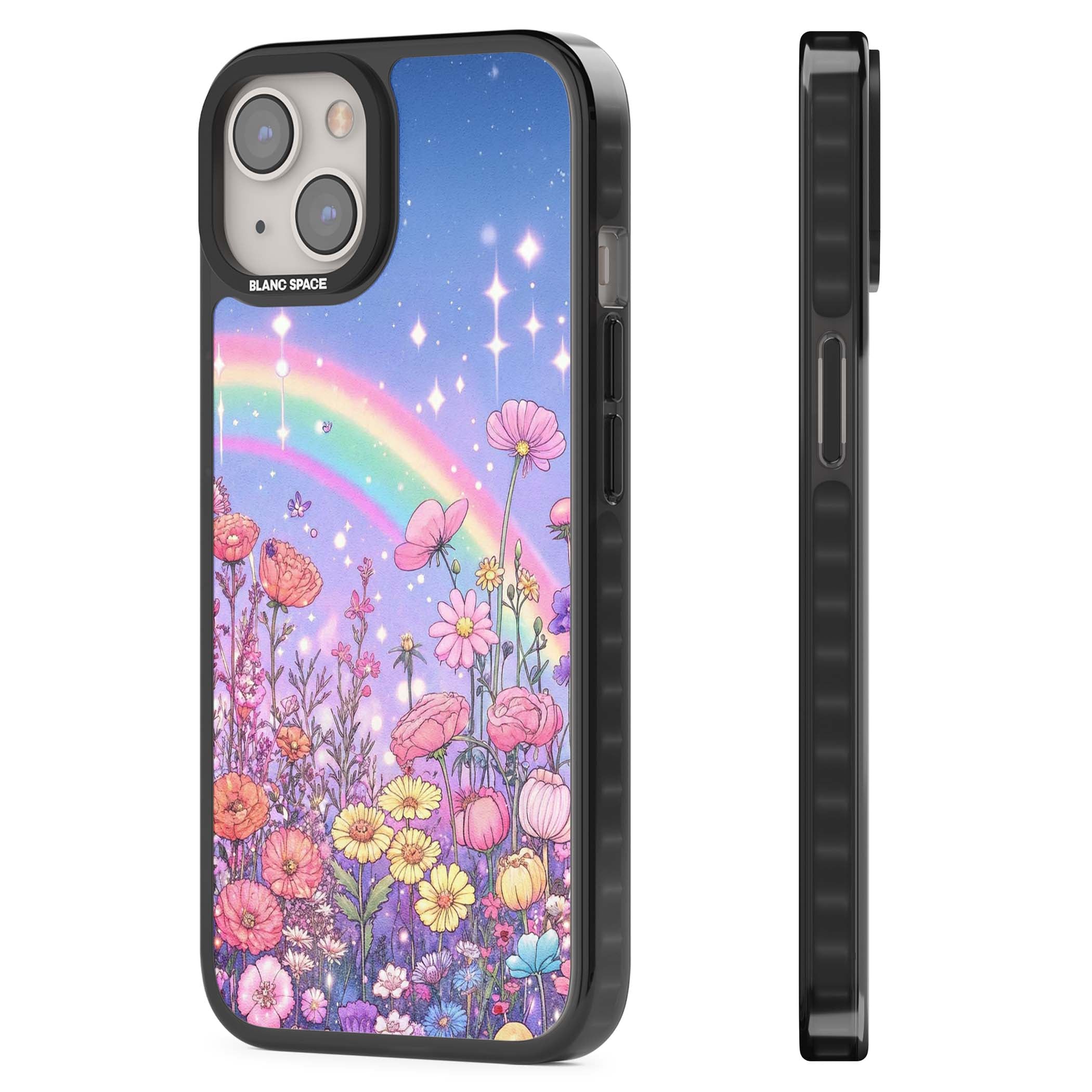 Magical Meadow fairycore iPhone case featuring a pastel rainbow, sparkling stars and a wildflower meadow | Black Impact case for iPhone 13, iPhone 14, iPhone 15