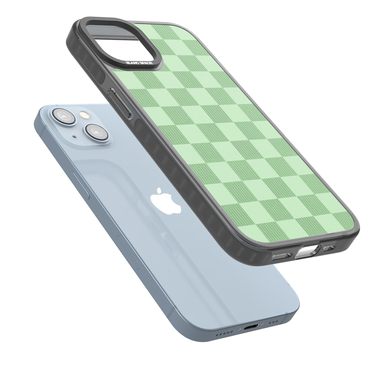 Seafoam Checkered iPhone 15 Plus Impact Black Phone Case angled