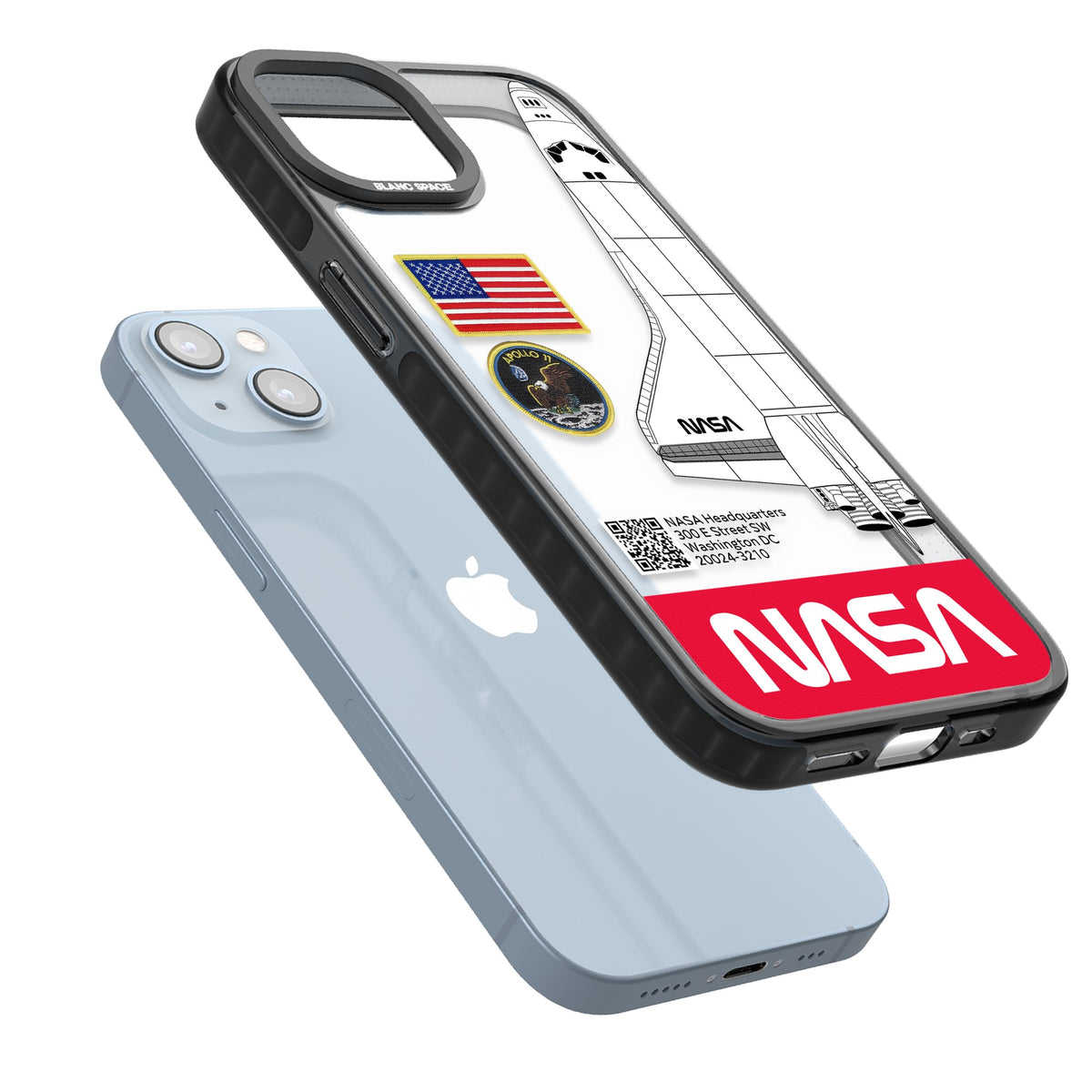 Nasa Apollo 11 iPhone 12 / 12 Pro / iPhone 13 / iPhone 14 / iPhone 14 Plus / iPhone 15 / iPhone 15 Plus Impact Black Phone Case angled