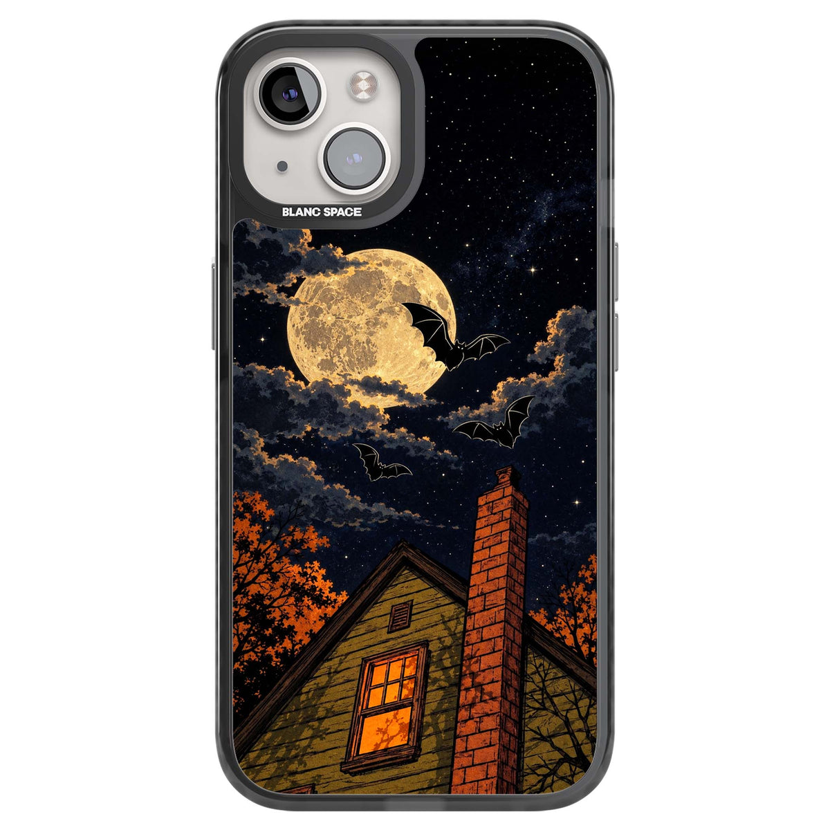 Hollows Eve Halloween iPhone case featuring a haunted house, full moon and flying bats against a starry autumn sky | Black Impact case for iPhone 13, iPhone 14, iPhone 15