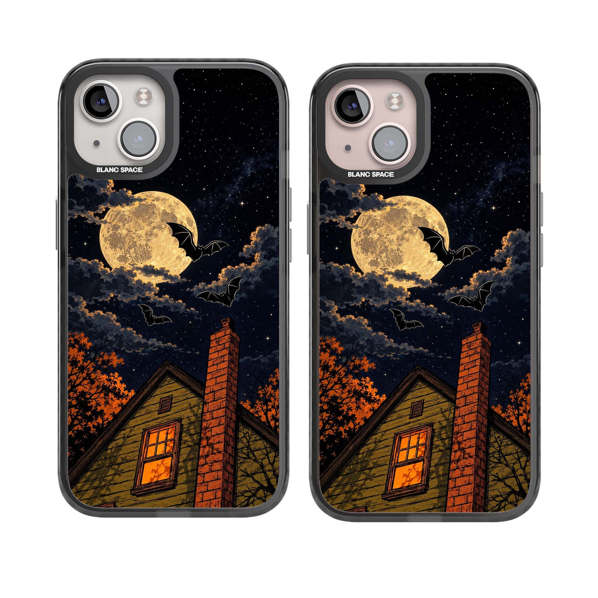 Hollows Eve Halloween iPhone case featuring a haunted house, full moon and flying bats against a starry autumn sky | Black Impact case for iPhone 13, iPhone 14, iPhone 15