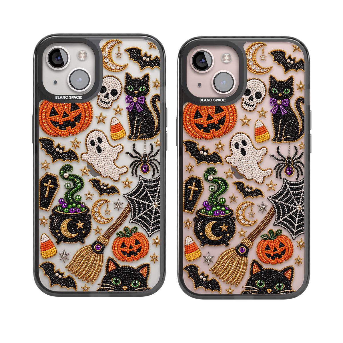 Beaded Halloween Halloween iPhone case featuring beaded pumpkins, ghosts, black cats and bats | Black Impact case for iPhone 13, iPhone 14, iPhone 15