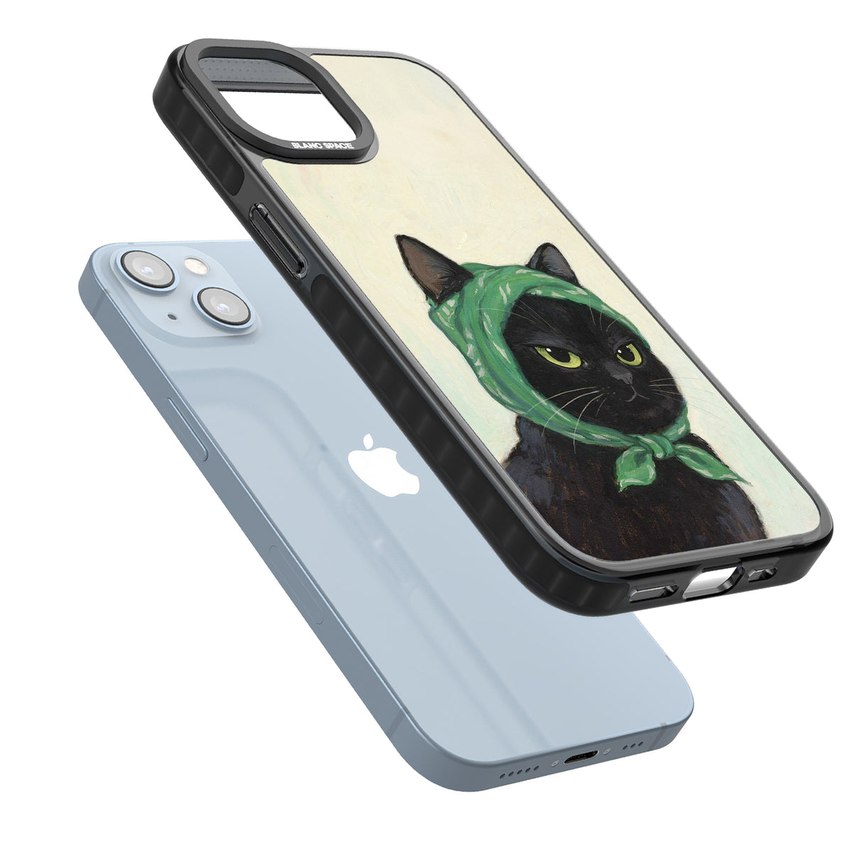 Unamused Kitty iPhone 12 / 12 Pro / iPhone 13 / iPhone 14 / iPhone 14 Plus / iPhone 15 / iPhone 15 Plus Impact Black Phone Case angled