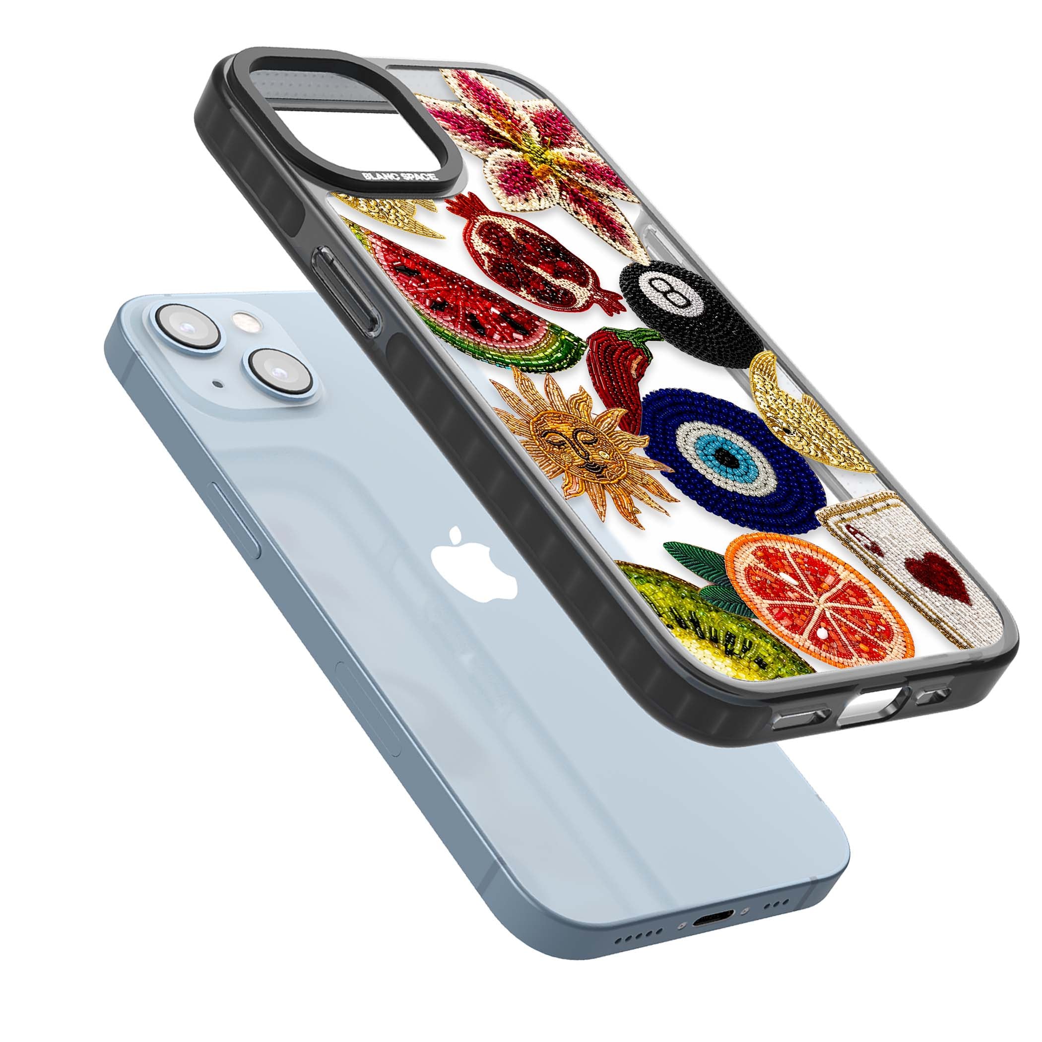 Beaded Charms embroidery iPhone case featuring beaded evil eye, fruit patches and a golden sun motif | Black Impact case for iPhone 13, iPhone 14, iPhone 15