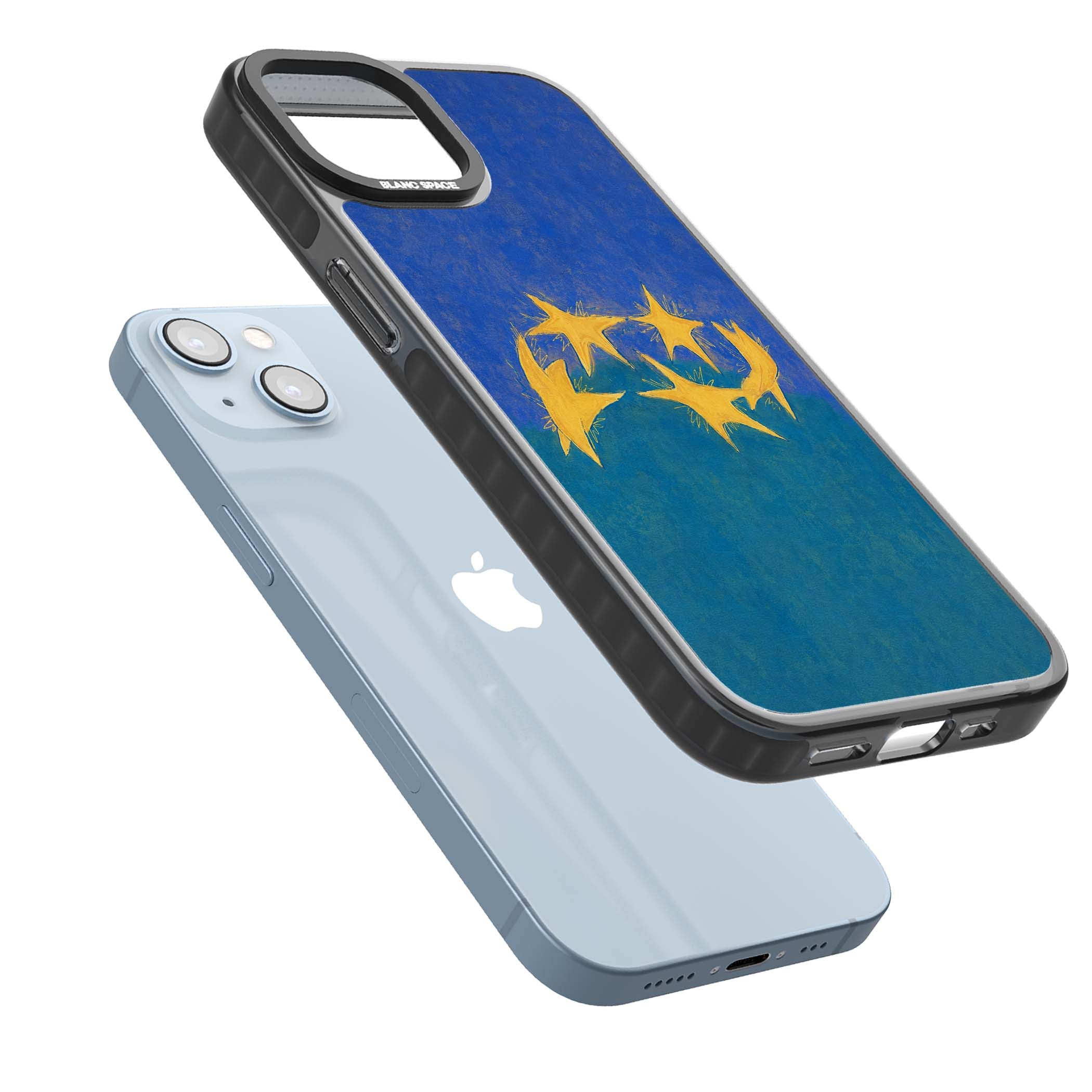 Star Boogie stars aesthetic iPhone case featuring five yellow hand-painted stars on cobalt blue and teal | Black Impact case for iPhone 13, iPhone 14, iPhone 15