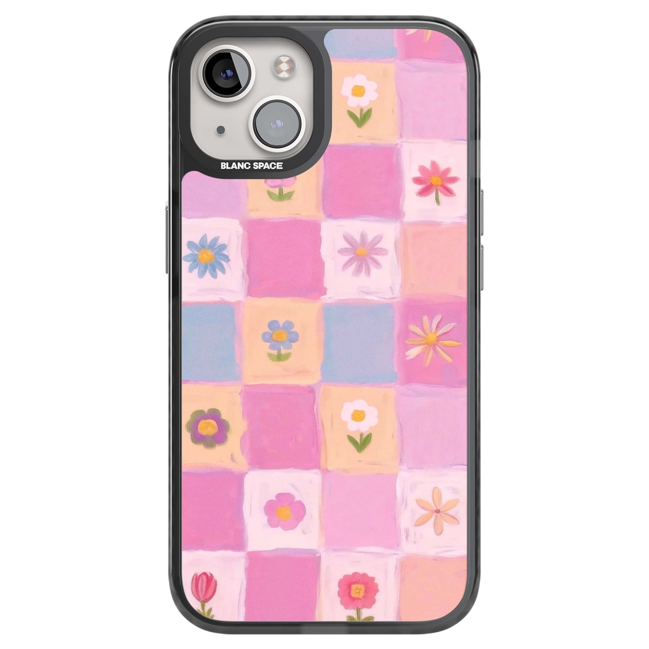 Pastel Flower Patchwork cottagecore iPhone case featuring painted pink and lilac squares with daisies and wildflowers | Black Impact case for iPhone 13, iPhone 14, iPhone 15
