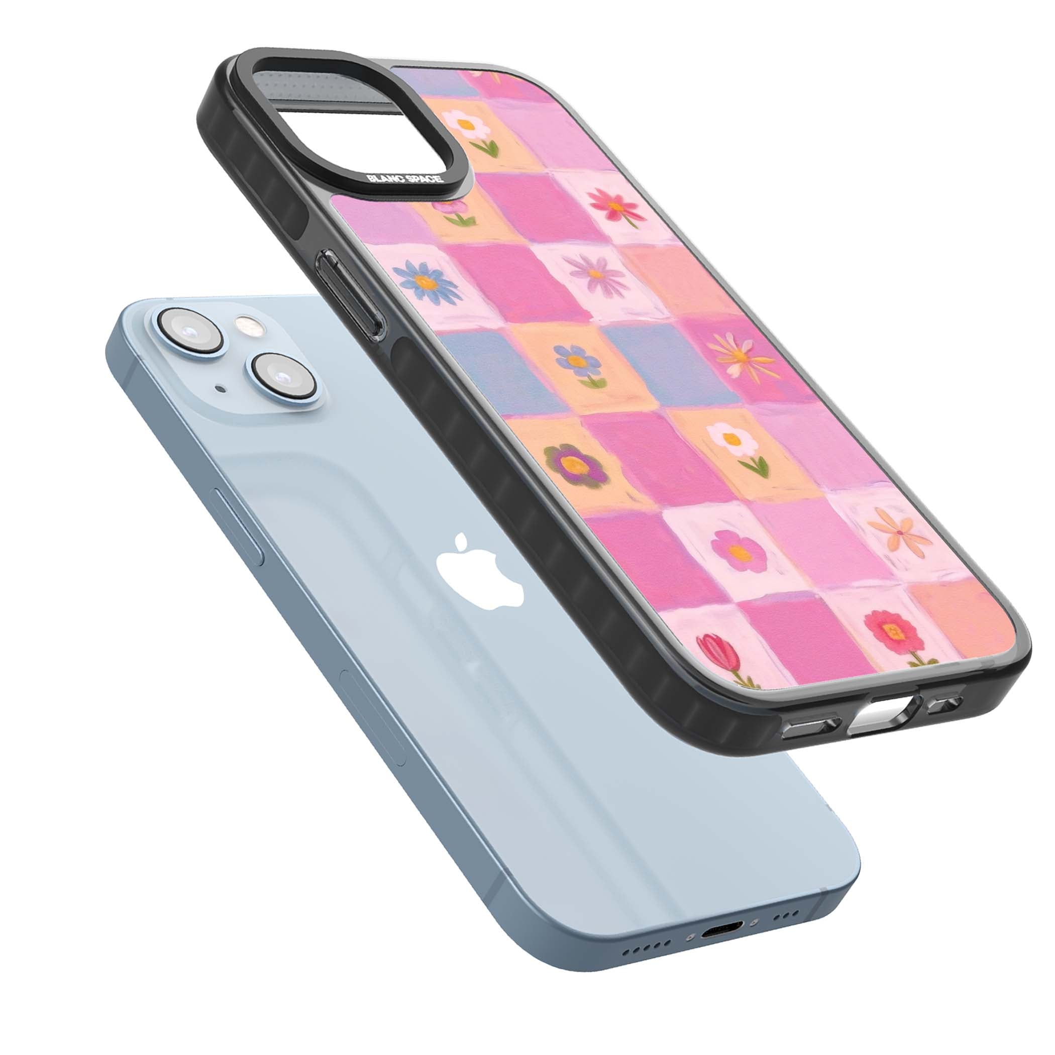 Pastel Flower Patchwork cottagecore iPhone case featuring painted pink and lilac squares with daisies and wildflowers | Black Impact case for iPhone 13, iPhone 14, iPhone 15