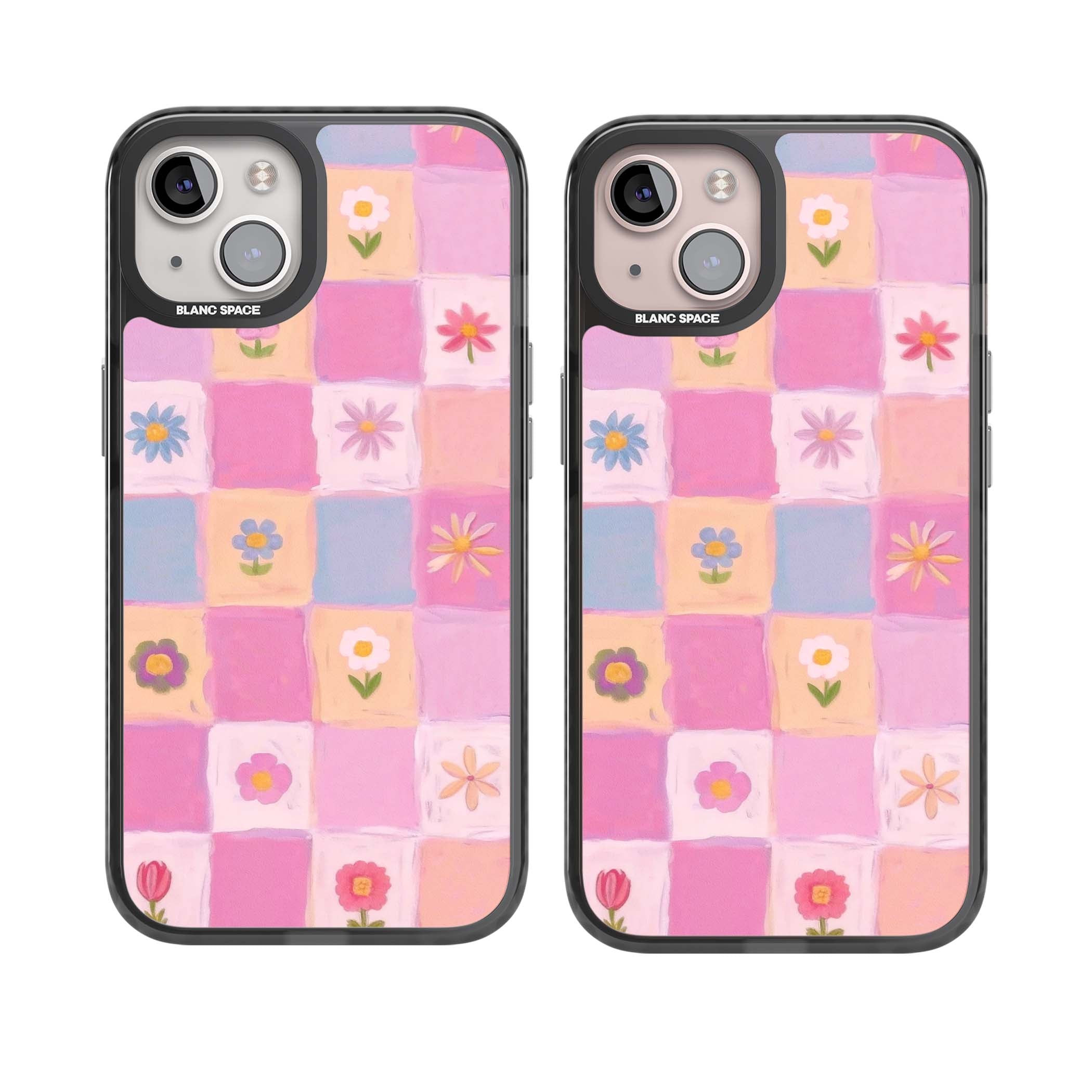 Pastel Flower Patchwork cottagecore iPhone case featuring painted pink and lilac squares with daisies and wildflowers | Black Impact case for iPhone 13, iPhone 14, iPhone 15