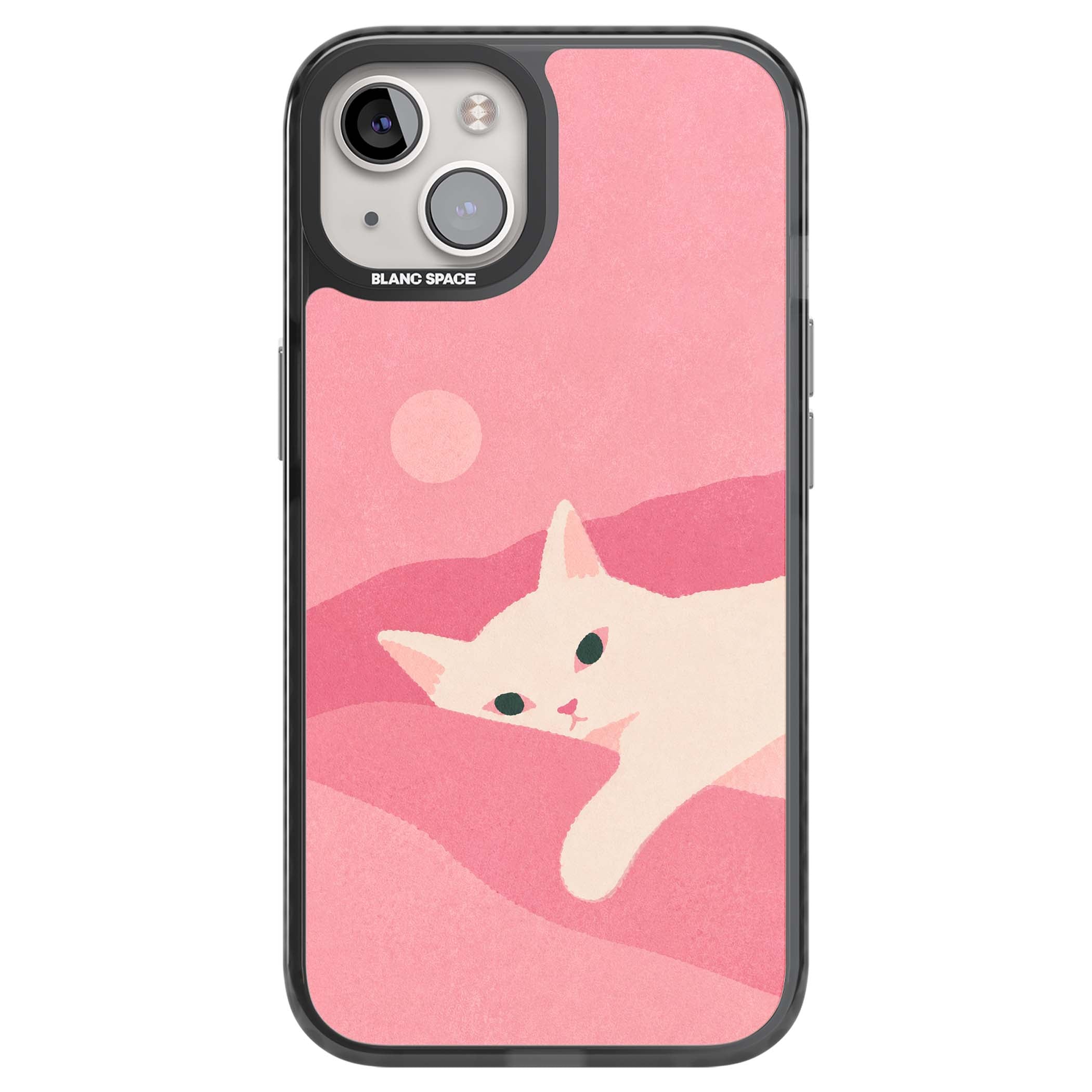 Pink Dreams cute cat iPhone case featuring a white kitten, soft pink hills and a pale pastel sun | Black Impact case for iPhone 13, iPhone 14, iPhone 15