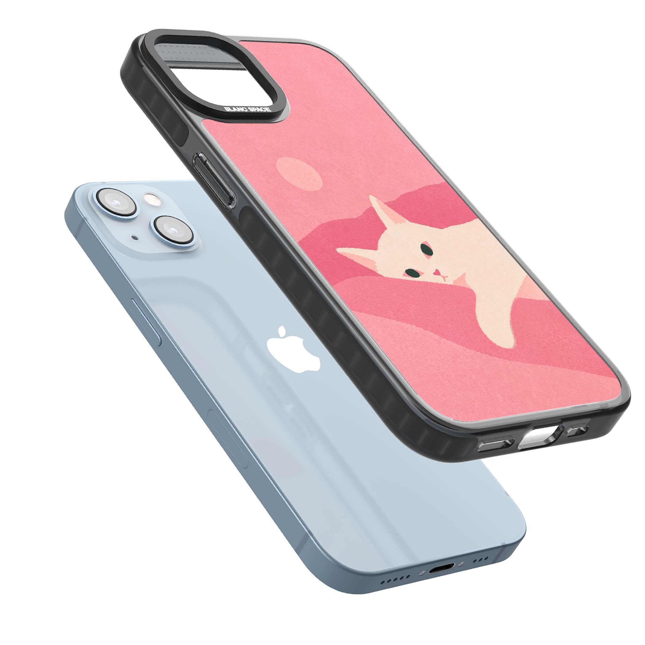 Pink Dreams cute cat iPhone case featuring a white kitten, soft pink hills and a pale pastel sun | Black Impact case for iPhone 13, iPhone 14, iPhone 15