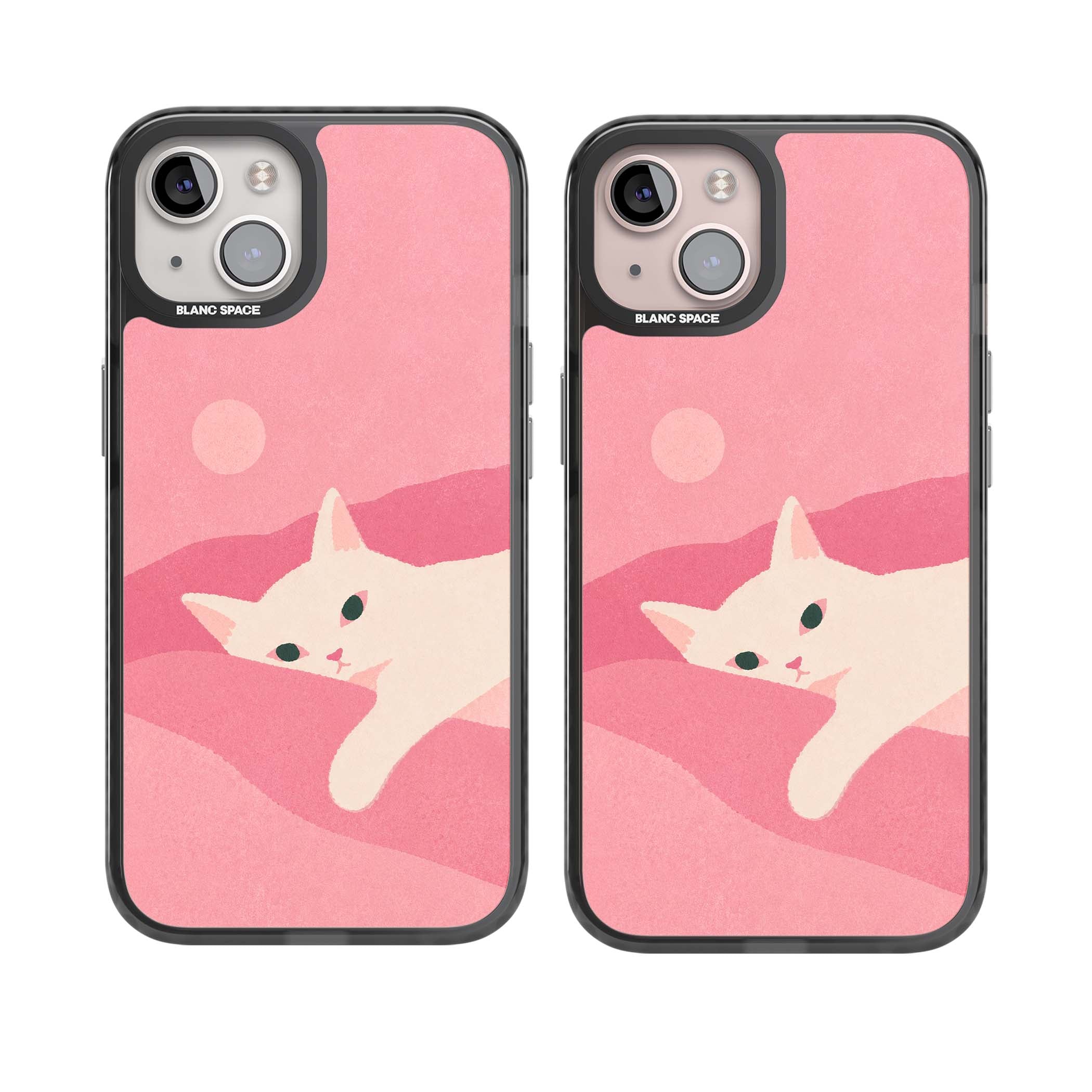 Pink Dreams cute cat iPhone case featuring a white kitten, soft pink hills and a pale pastel sun | Black Impact case for iPhone 13, iPhone 14, iPhone 15
