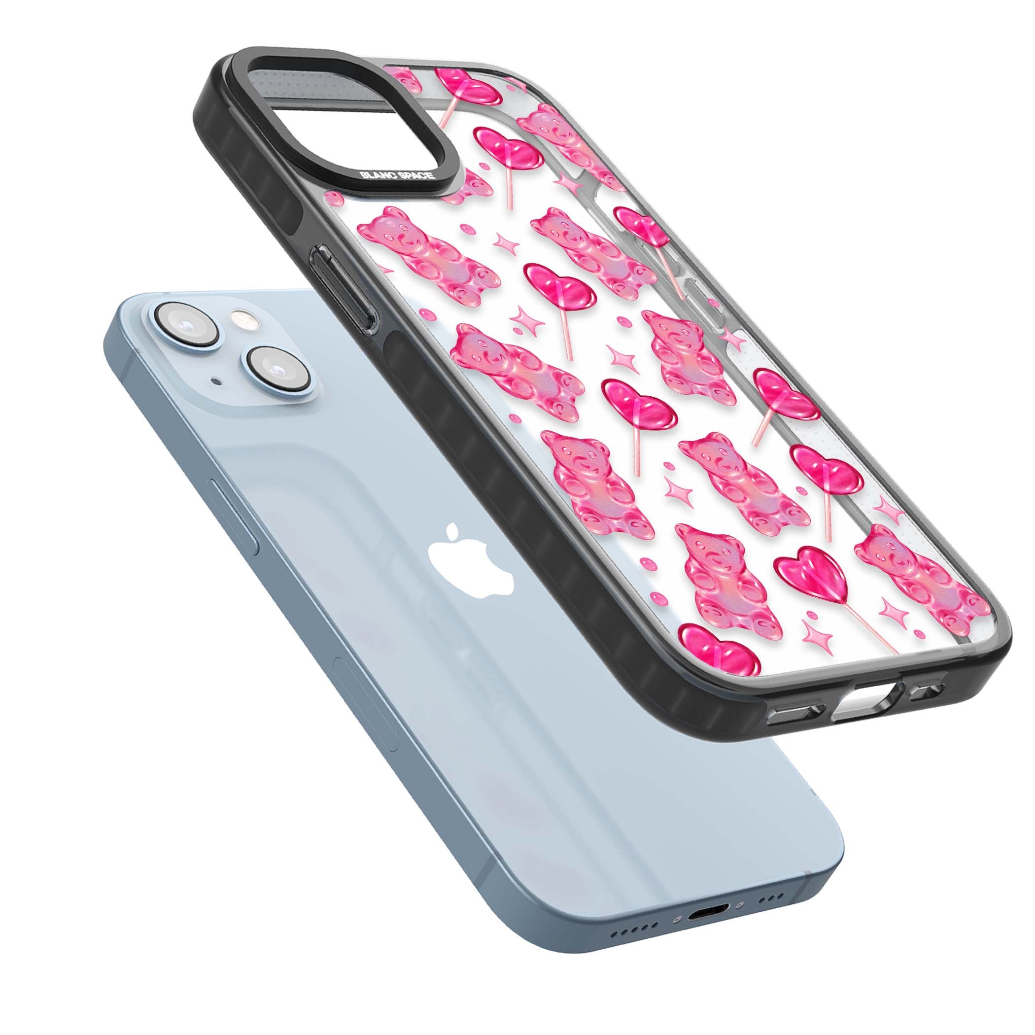 Pink Sugar pinkcore iPhone case featuring pink gummy bears, heart-shaped lollipops and sparkle stars | Black Impact case for iPhone 13, iPhone 14, iPhone 15