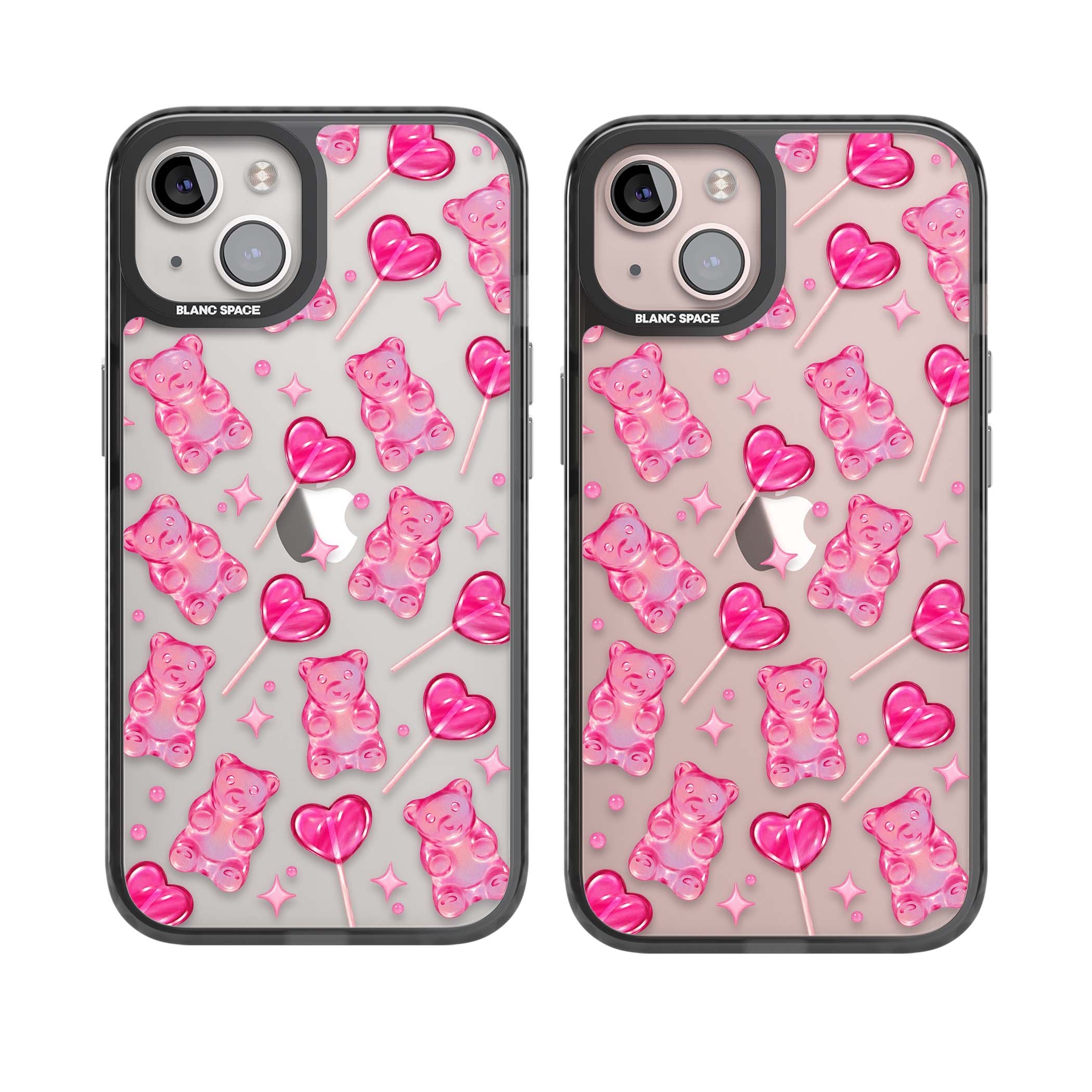 Pink Sugar pinkcore iPhone case featuring pink gummy bears, heart-shaped lollipops and sparkle stars | Black Impact case for iPhone 13, iPhone 14, iPhone 15