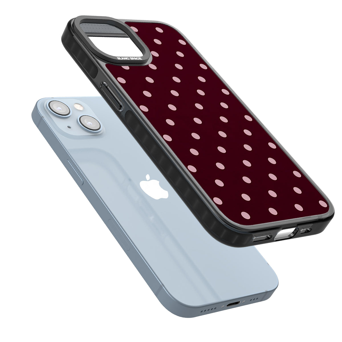 Merlot Dots polka dot iPhone case featuring dusty pink spots on a deep burgundy background in a retro grid iPhone 12 / 12 Pro / iPhone 12 / iPhone 12 Pro / iPhone 13 / iPhone 14 / iPhone 14 Plus / iPhone 15 / iPhone 15 Plus Impact Black Phone Case angled