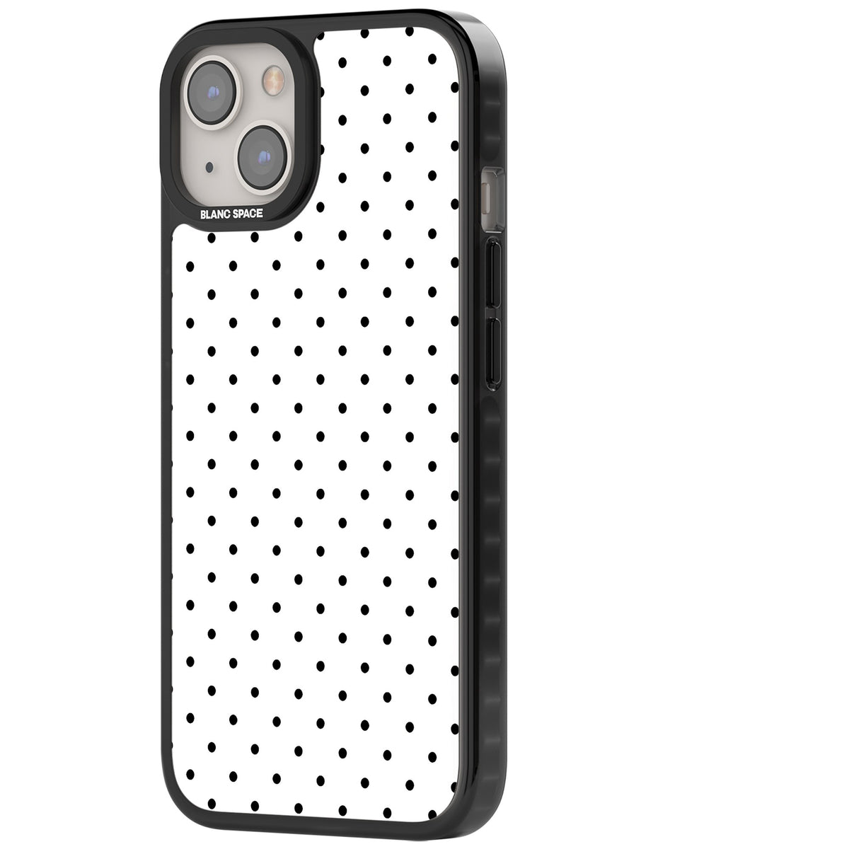 Dalmatian Dots minimal iPhone case featuring small black polka dots on a crisp white background with bold black edges iPhone 12 / 12 Pro / iPhone 12 / iPhone 12 Pro / iPhone 13 / iPhone 14 / iPhone 14 Plus / iPhone 15 / iPhone 15 Plus Impact Black Phone Case side