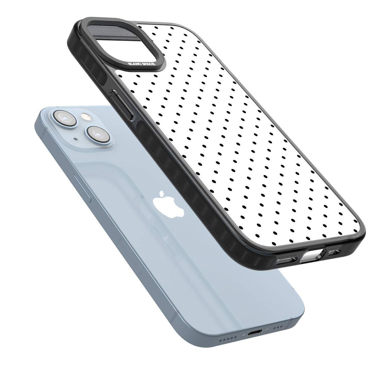 Dalmatian Dots minimal iPhone case featuring small black polka dots on a crisp white background with bold black edges iPhone 12 / 12 Pro / iPhone 12 / iPhone 12 Pro / iPhone 13 / iPhone 14 / iPhone 14 Plus / iPhone 15 / iPhone 15 Plus Impact Black Phone Case angled
