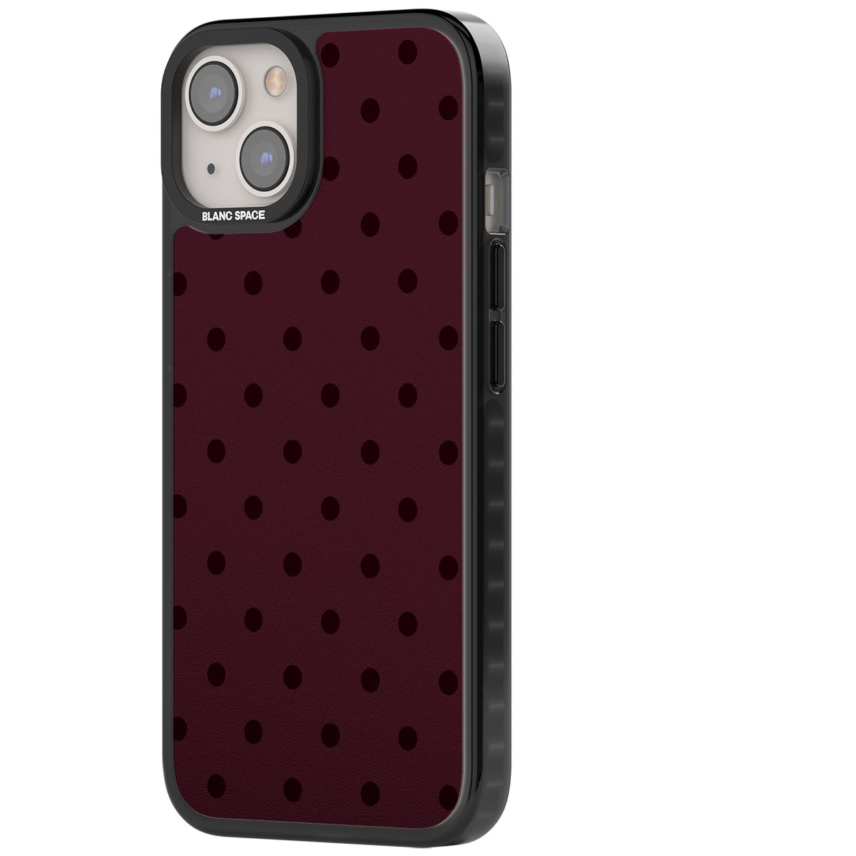 Burgundy Polka Dot minimalist iPhone case featuring black polka dots on a deep burgundy wine red background iPhone 12 / 12 Pro / iPhone 12 / iPhone 12 Pro / iPhone 13 / iPhone 14 / iPhone 14 Plus / iPhone 15 / iPhone 15 Plus Impact Black Phone Case side