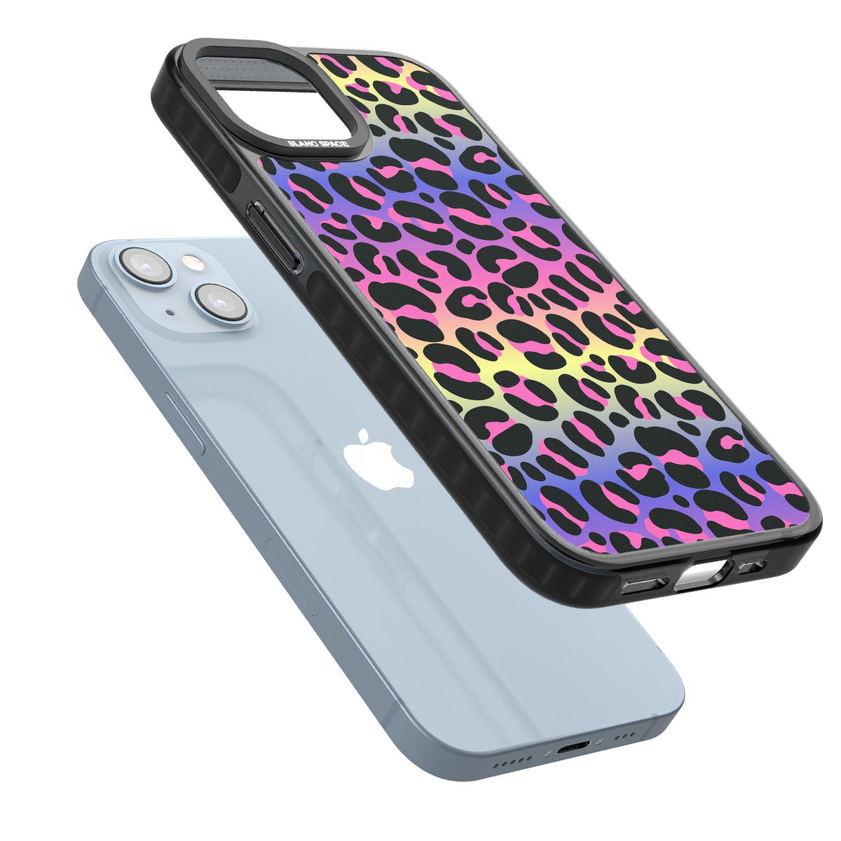 Rainbow Gradient Leopard iPhone 12 / 12 Pro / iPhone 13 / iPhone 14 / iPhone 14 Plus / iPhone 15 / iPhone 15 Plus Impact Black Phone Case angled