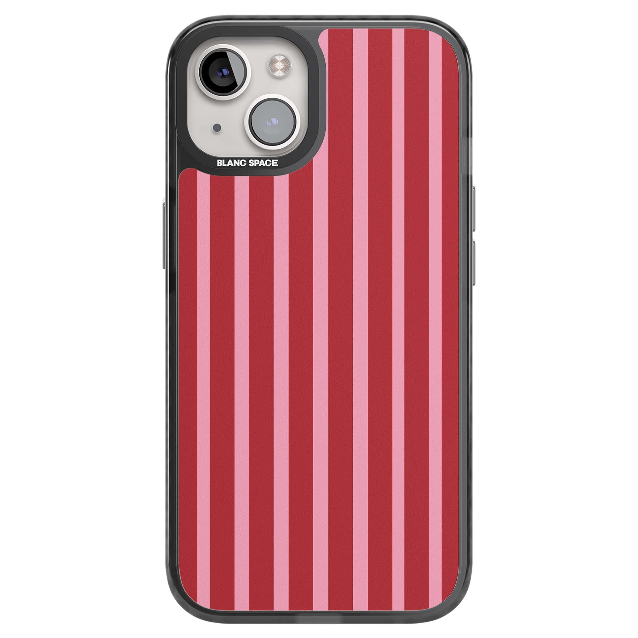 Raspberry Stripe coquette iPhone case featuring red and pink vertical stripes in a candy-inspired pattern | Black Impact case for iPhone 13, iPhone 14, iPhone 15
