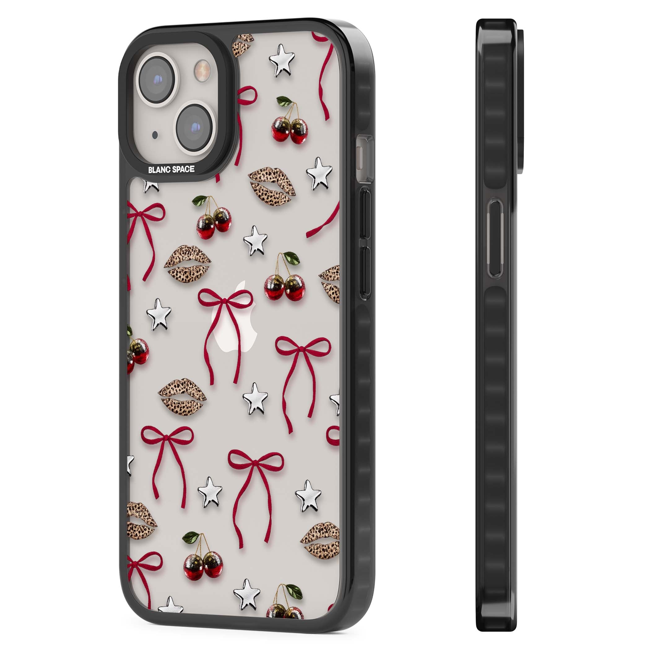 Starlet coquette iPhone case featuring red ribbon bows, disco cherries and leopard-print lips | Black Impact case for iPhone 13, iPhone 14, iPhone 15
