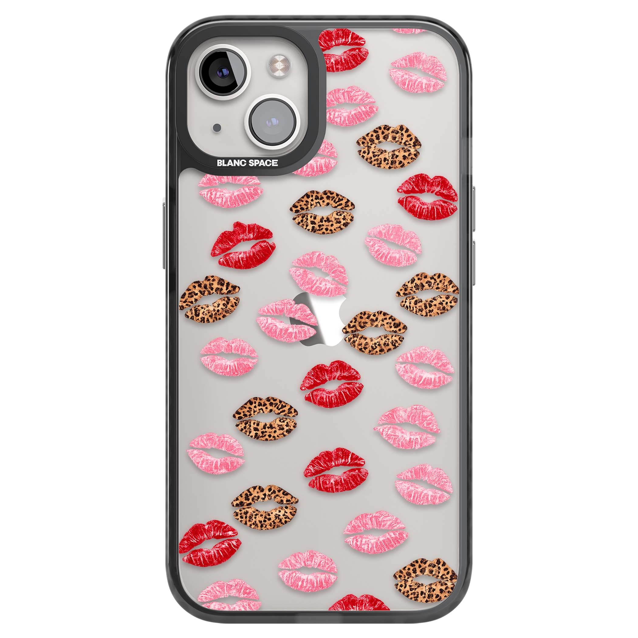Wild Kisses coquette iPhone case featuring red, pink and leopard print lipstick kiss marks on a clear background | Black Impact case for iPhone 13, iPhone 14, iPhone 15