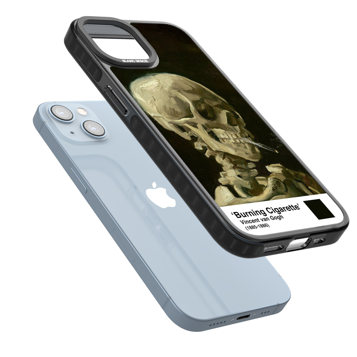 Skull Of A Skeleton With Burning Cigarette iPhone 12 / 12 Pro / iPhone 13 / iPhone 14 / iPhone 14 Plus / iPhone 15 / iPhone 15 Plus Impact Black Phone Case angled