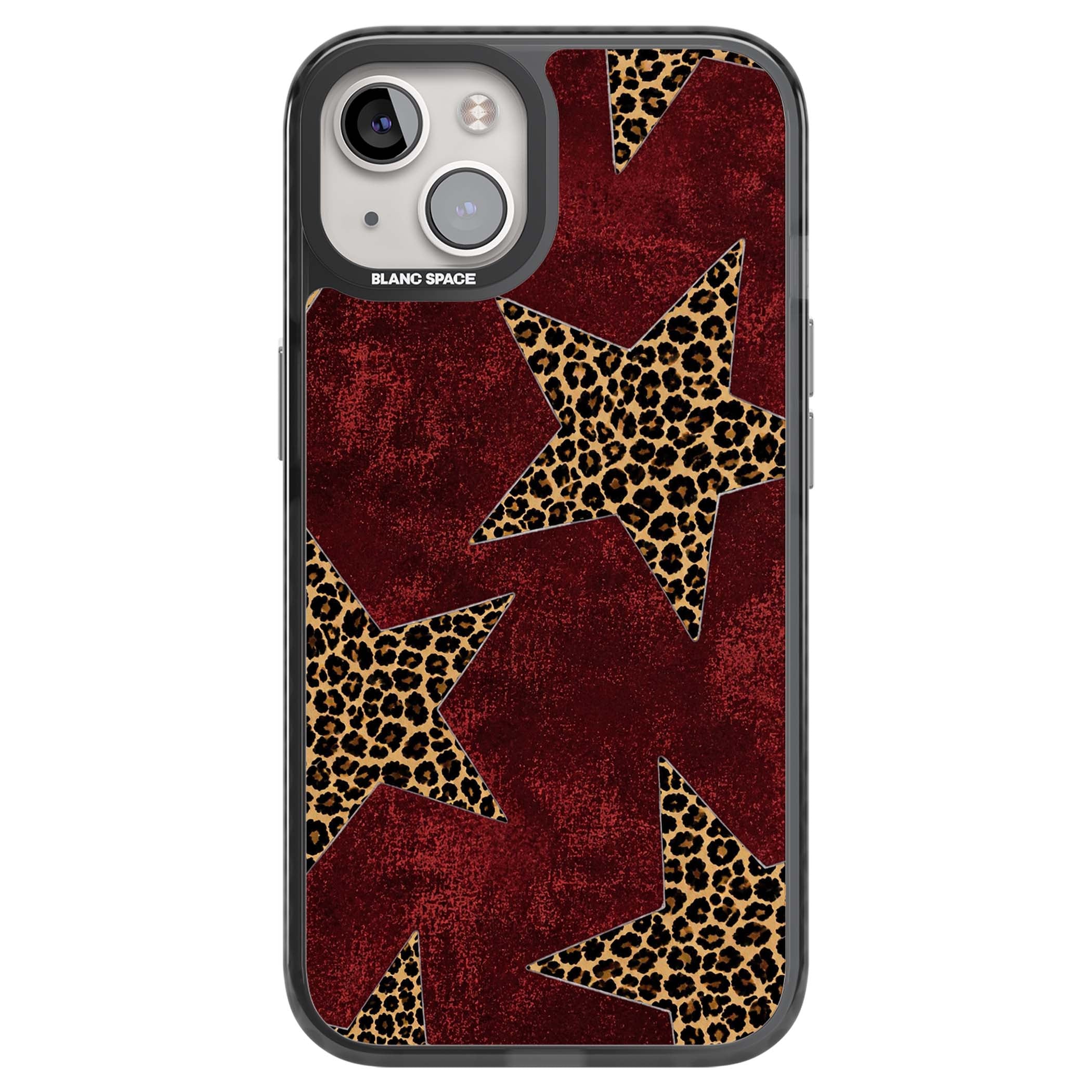 Showgirl leopard print iPhone case featuring cheetah print stars on distressed red grunge background | Black Impact case for iPhone 13, iPhone 14, iPhone 15