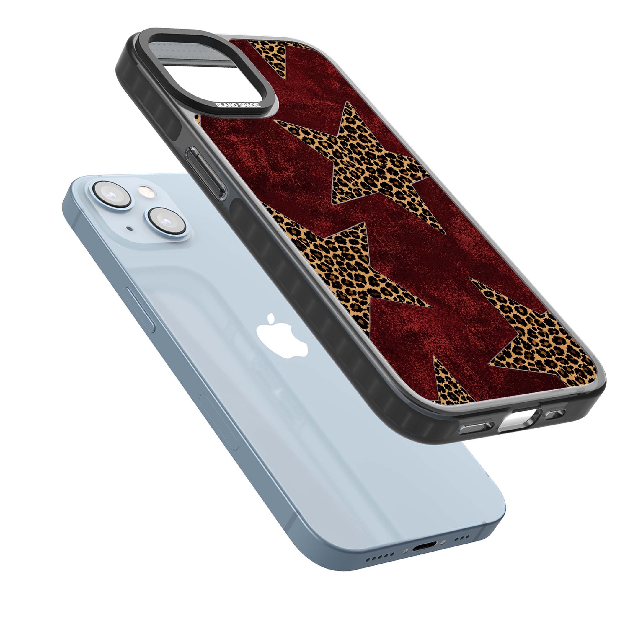 Showgirl leopard print iPhone case featuring cheetah print stars on distressed red grunge background | Black Impact case for iPhone 13, iPhone 14, iPhone 15