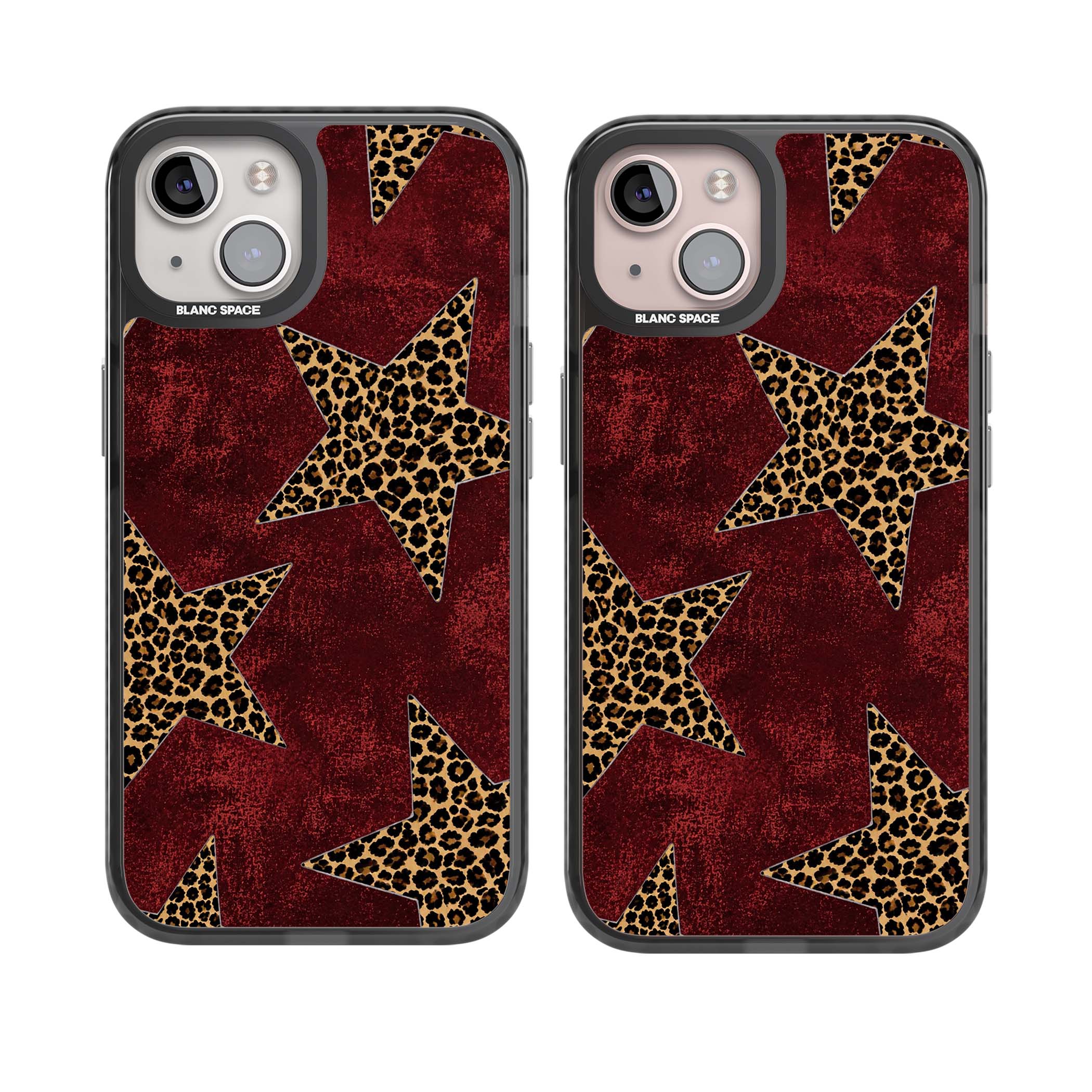 Showgirl leopard print iPhone case featuring cheetah print stars on distressed red grunge background | Black Impact case for iPhone 13, iPhone 14, iPhone 15