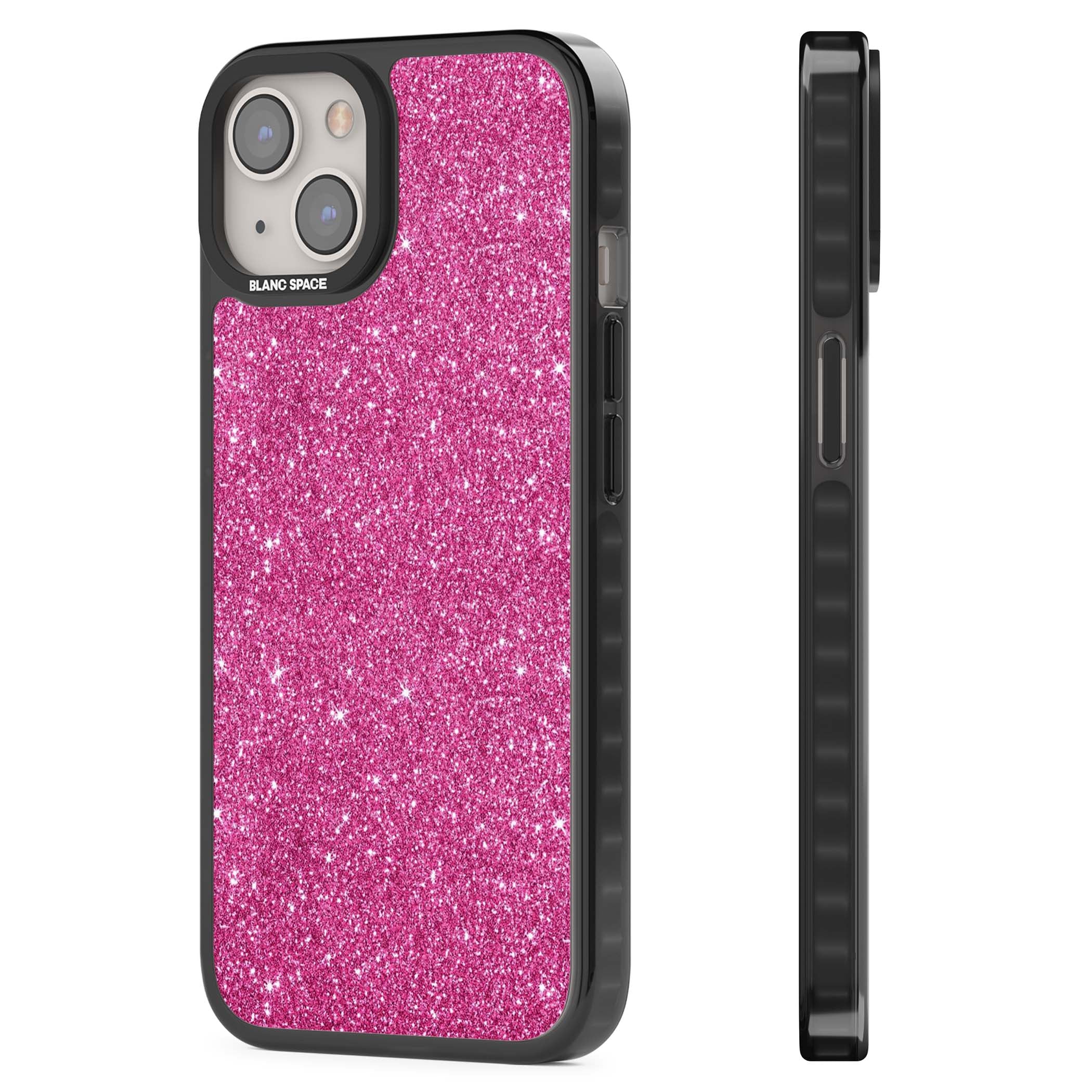 Pink Glitter Y2K iPhone case featuring hot pink glitter wallpaper with sparkle shimmer effect | Black Impact case for iPhone 13, iPhone 14, iPhone 15