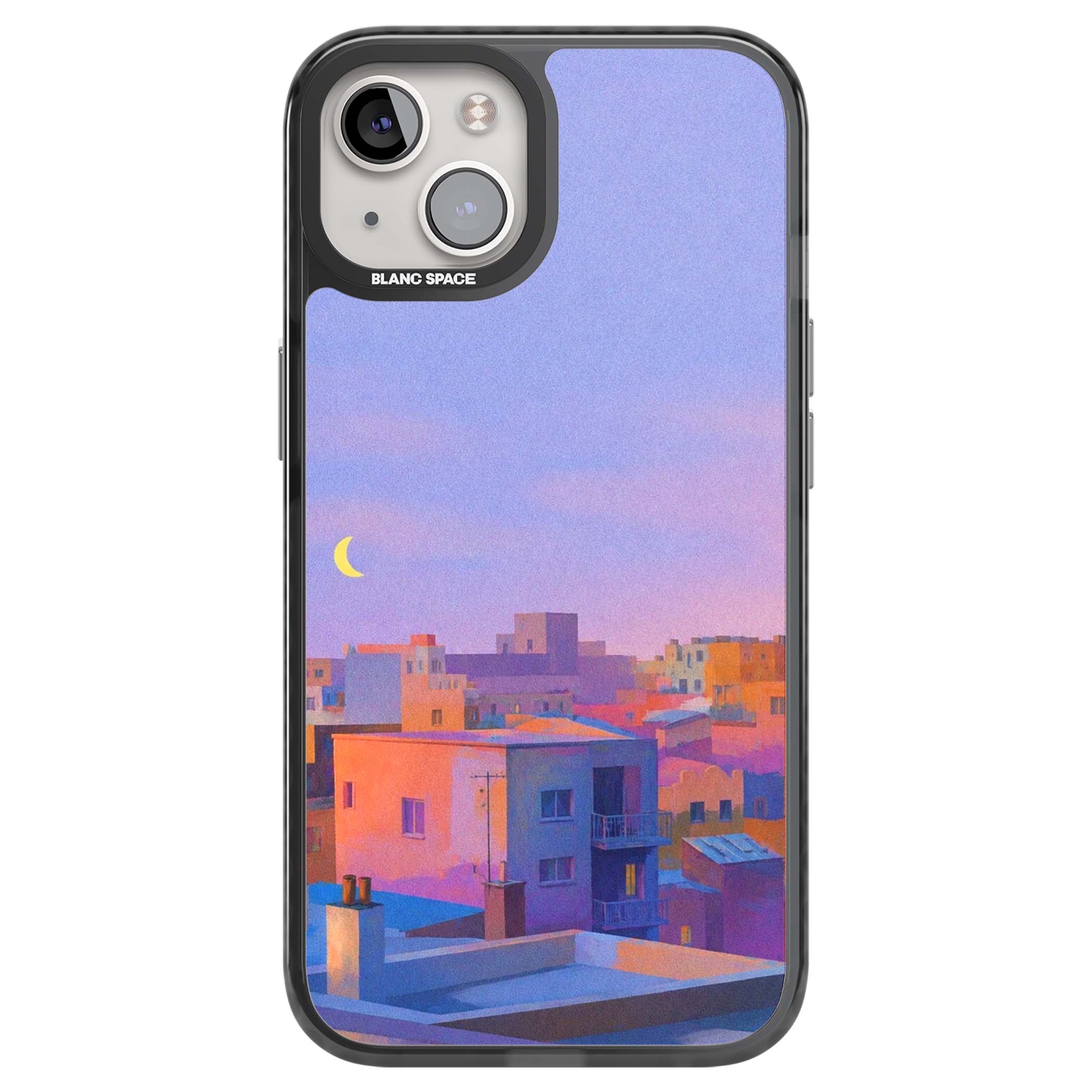 Twilight Rooftops vaporwave iPhone case featuring a pastel sunset cityscape, painted rooftops and a crescent moon. | Black Impact case for iPhone 13, iPhone 14, iPhone 15