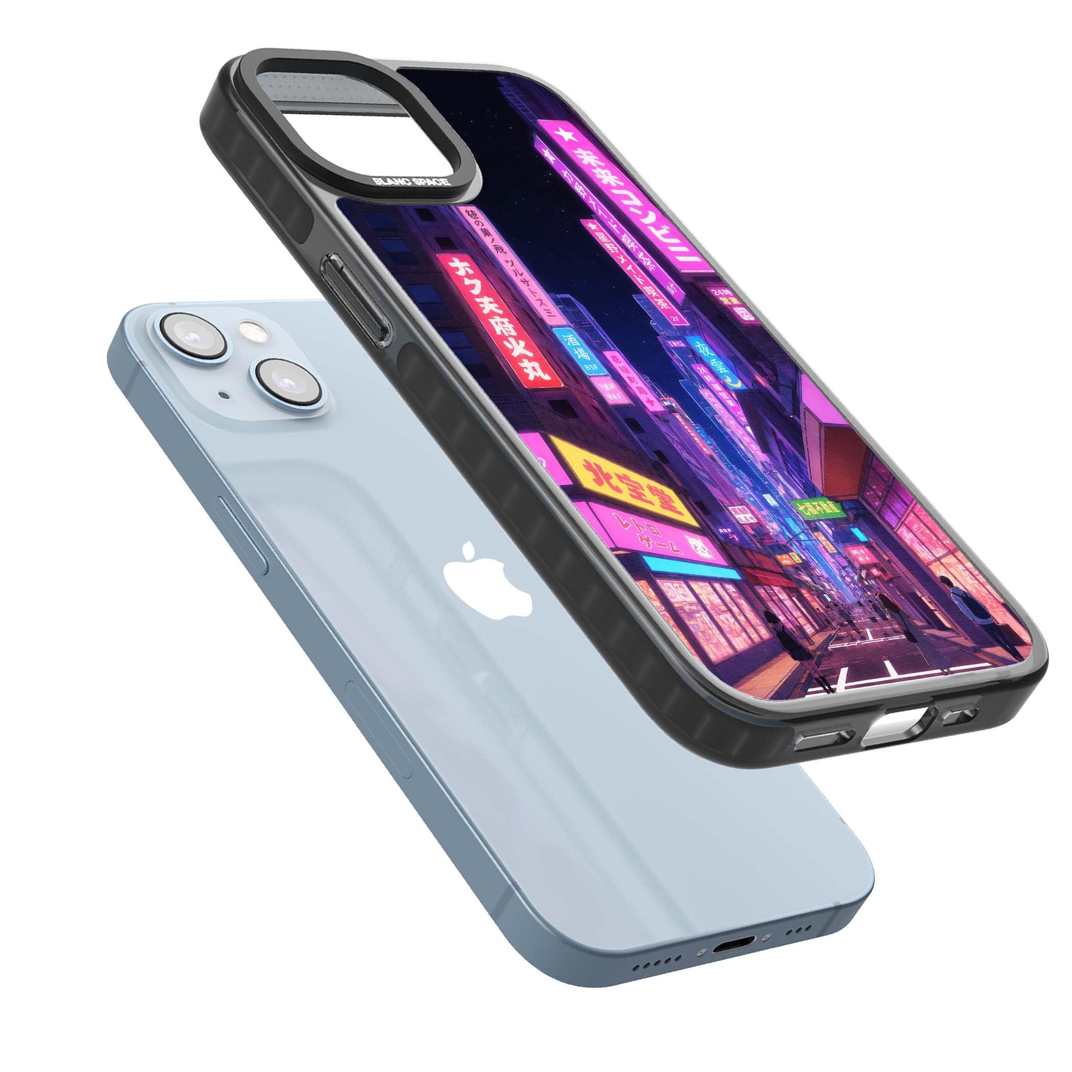 Shibuya At Night Japanese neon city iPhone case featuring glowing kanji signs, pink storefronts and a Tokyo street at n | Black Impact case for iPhone 13, iPhone 14, iPhone 15