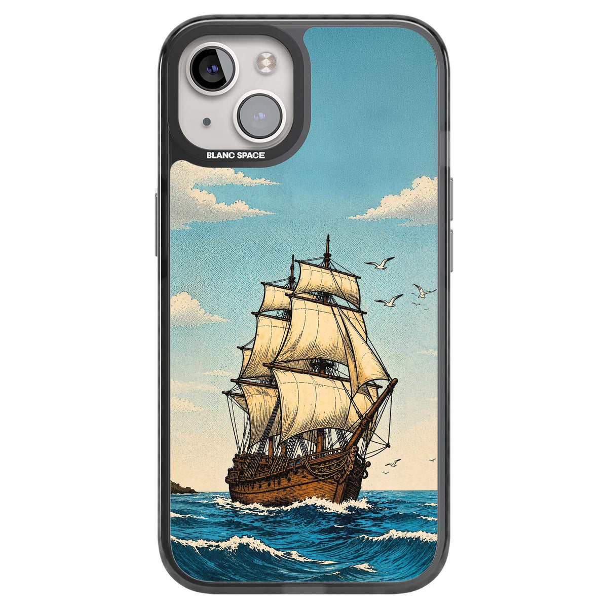 Ship at Sea nautical iPhone case featuring a vintage tall ship, ocean waves and seagulls | Black Impact case for iPhone 13, iPhone 14, iPhone 15