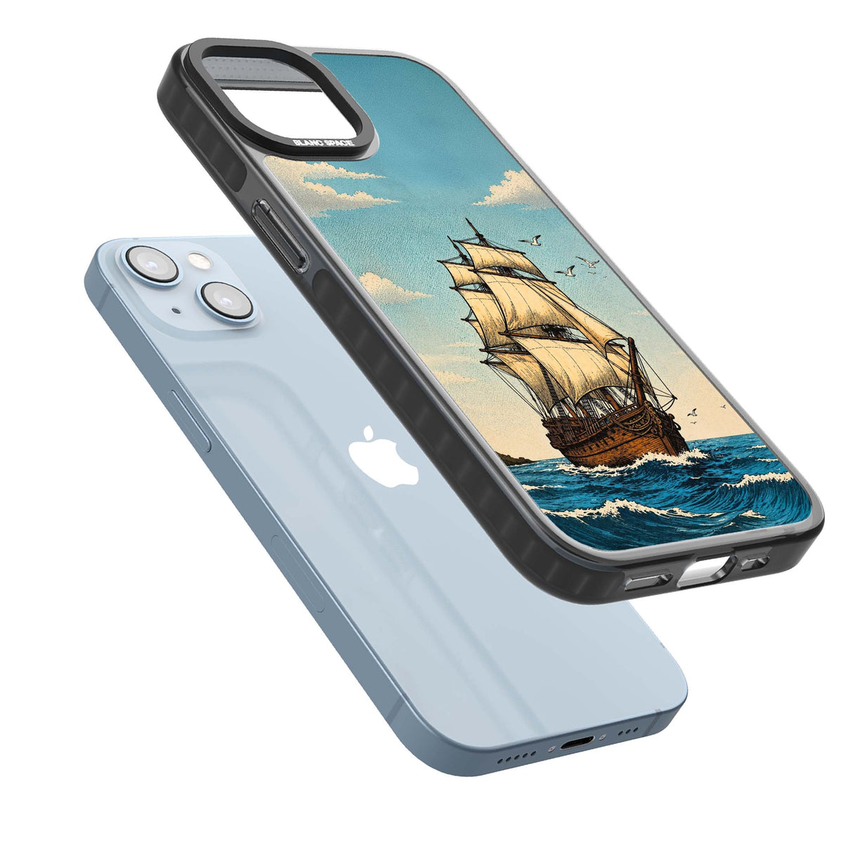 Ship at Sea nautical iPhone case featuring a vintage tall ship, ocean waves and seagulls | Black Impact case for iPhone 13, iPhone 14, iPhone 15