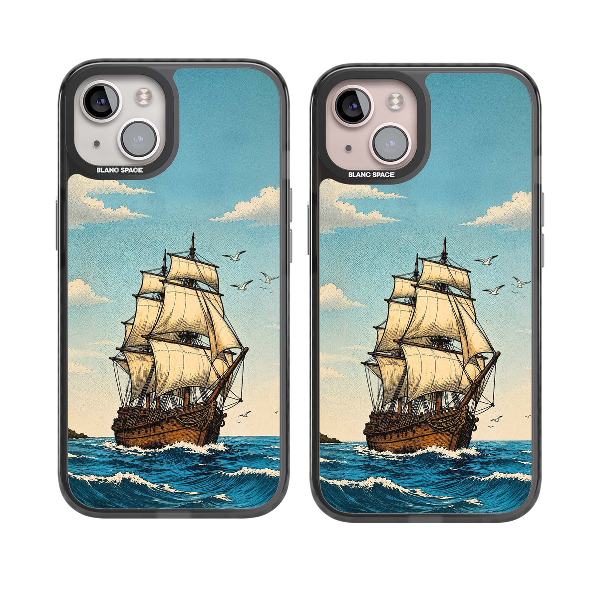 Ship at Sea nautical iPhone case featuring a vintage tall ship, ocean waves and seagulls | Black Impact case for iPhone 13, iPhone 14, iPhone 15