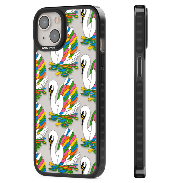 Colourful Swan Pattern Black Impact Phone Case for iPhone 13, iPhone 14, iPhone 15