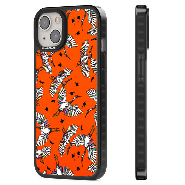Colourful Crane Pattern (Orange) Black Impact Phone Case for iPhone 13, iPhone 14, iPhone 15