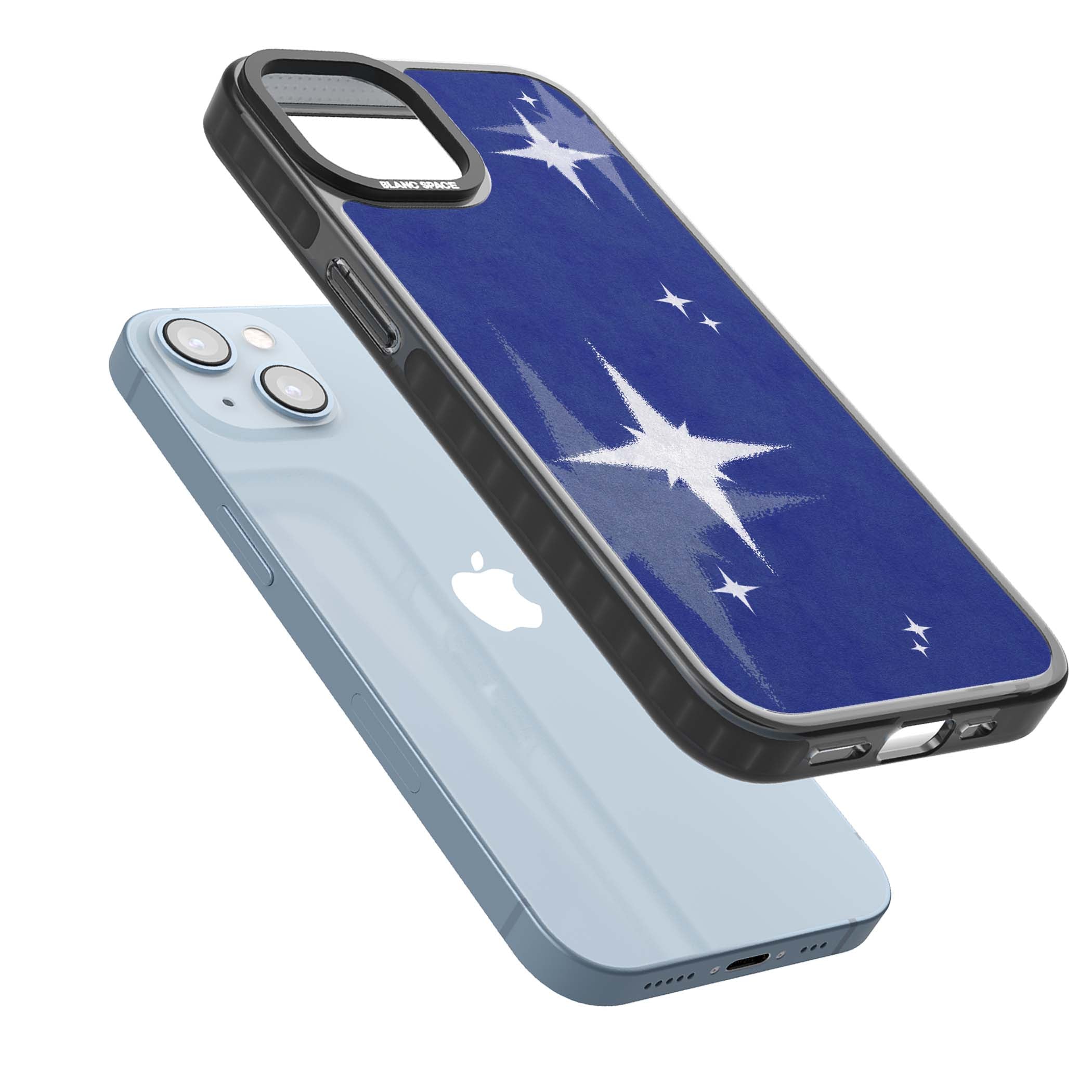 Blue Sparkle celestial iPhone case featuring sparkling silver stars on a deep blue painterly night sky | Black Impact case for iPhone 13, iPhone 14, iPhone 15