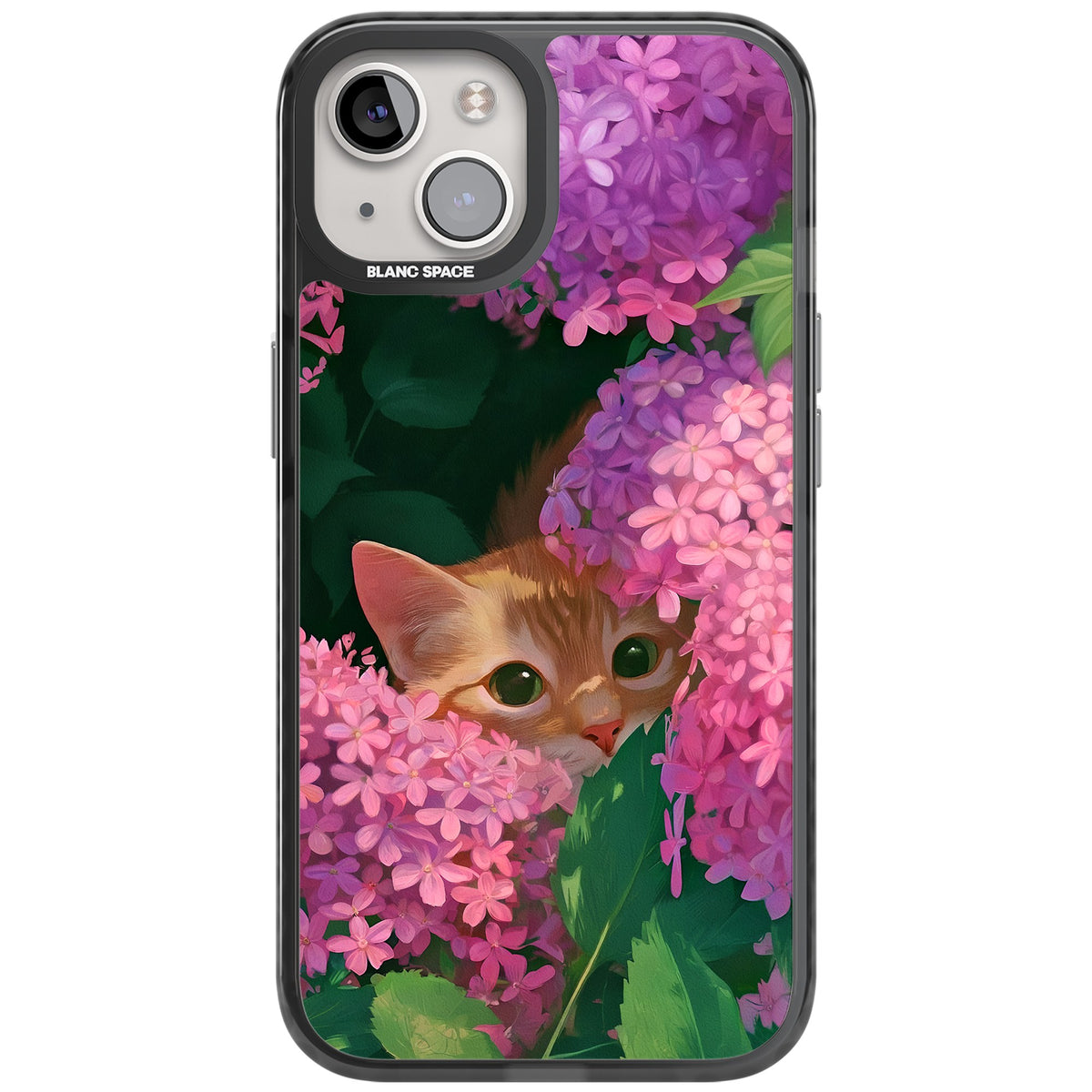 Cat In Pink Flowers iPhone 12 / 12 Pro / iPhone 13 / iPhone 14 / iPhone 14 Plus / iPhone 15 / iPhone 15 Plus Impact Black Phone Case front