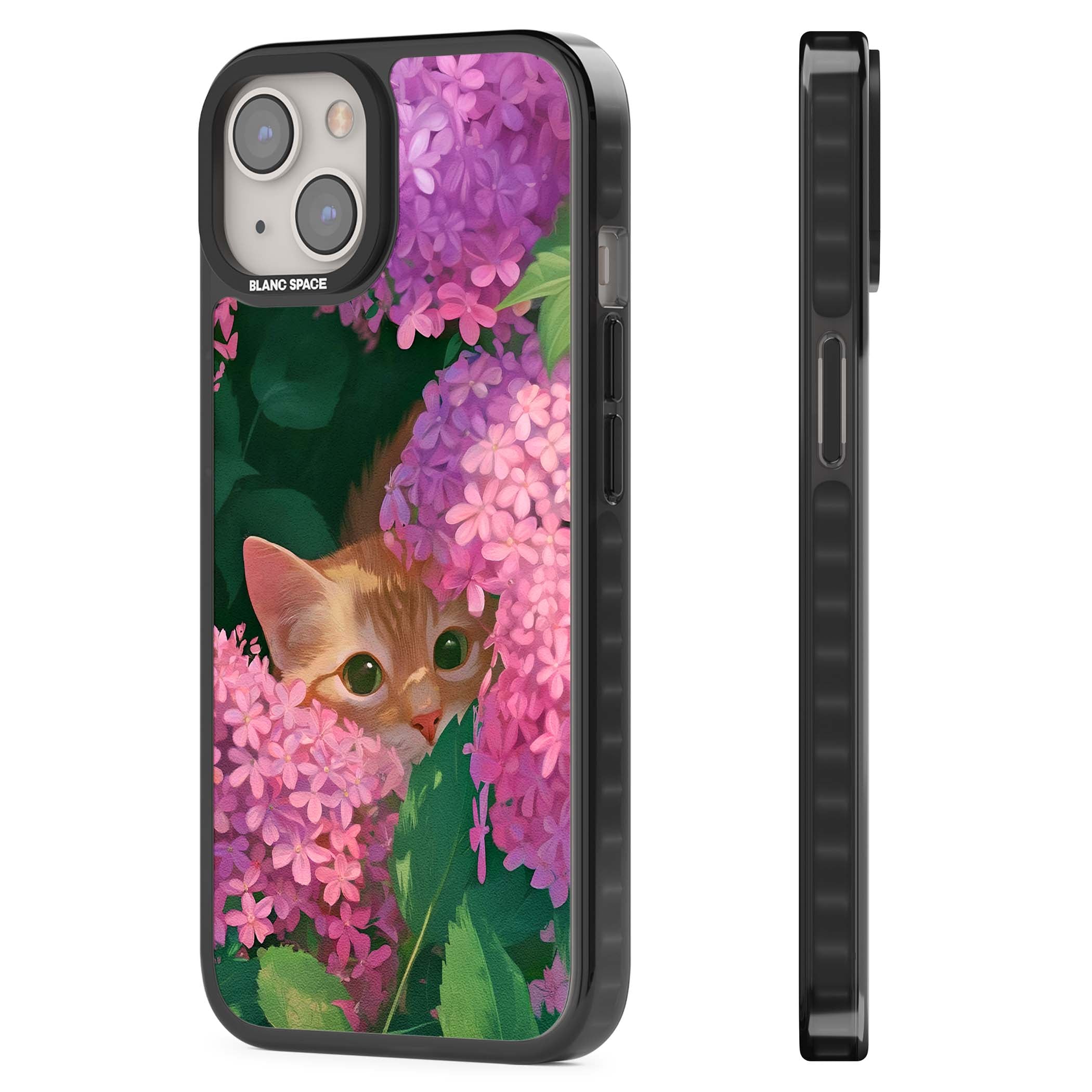 Cat In Pink Flowers cottagecore iPhone case featuring a ginger kitten peeking through lilac and pink hydrangea flo | Black Impact case for iPhone 13, iPhone 14, iPhone 15