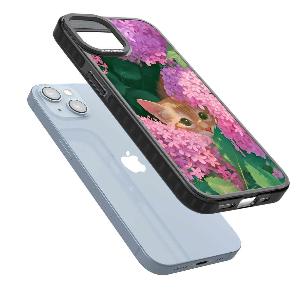 Cat In Pink Flowers iPhone 12 / 12 Pro / iPhone 13 / iPhone 14 / iPhone 14 Plus / iPhone 15 / iPhone 15 Plus Impact Black Phone Case angled