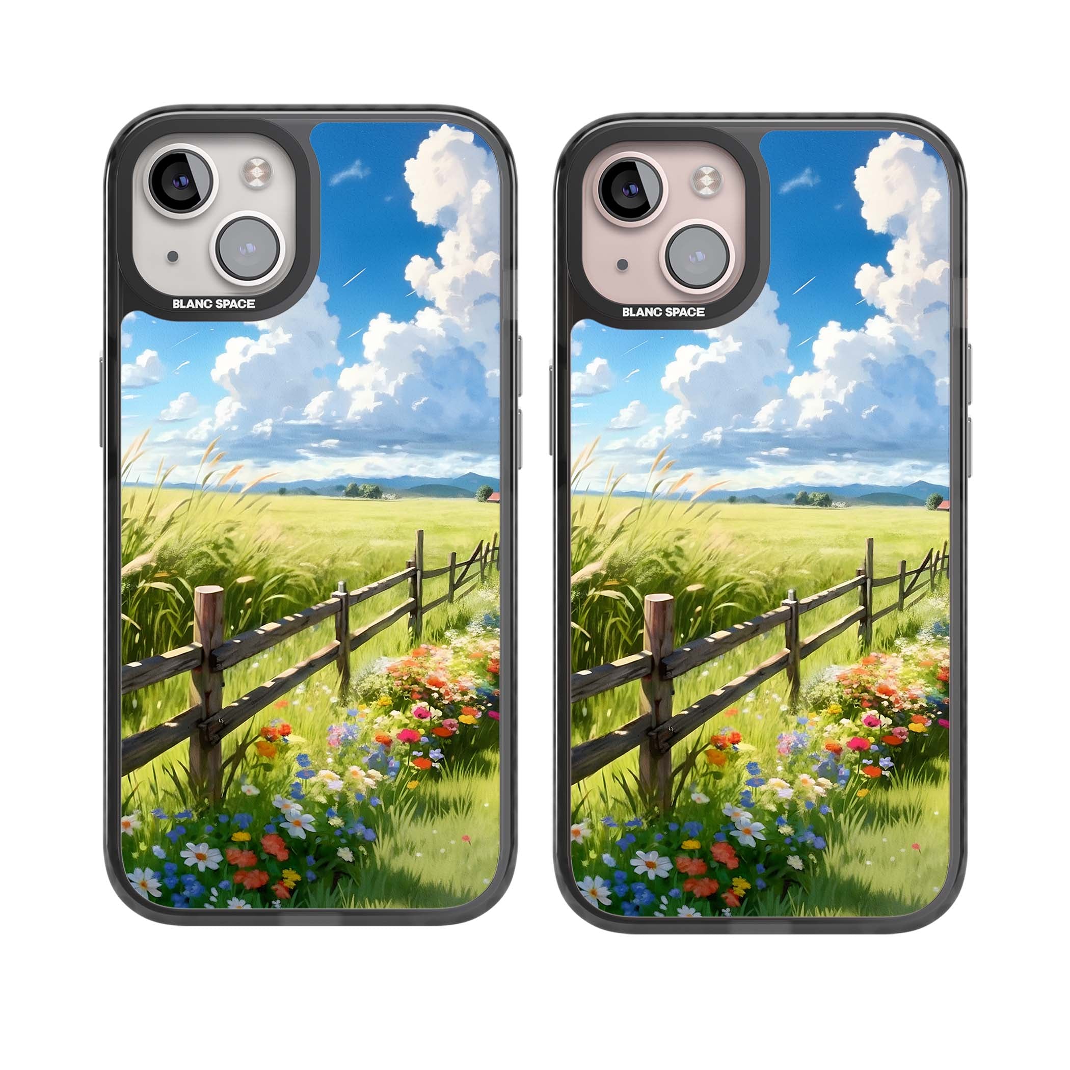 A Countryside Afternoon cottagecore iPhone case featuring a painted countryside meadow, wooden fence, and wildflowers beneath | Black Impact case for iPhone 13, iPhone 14, iPhone 15
