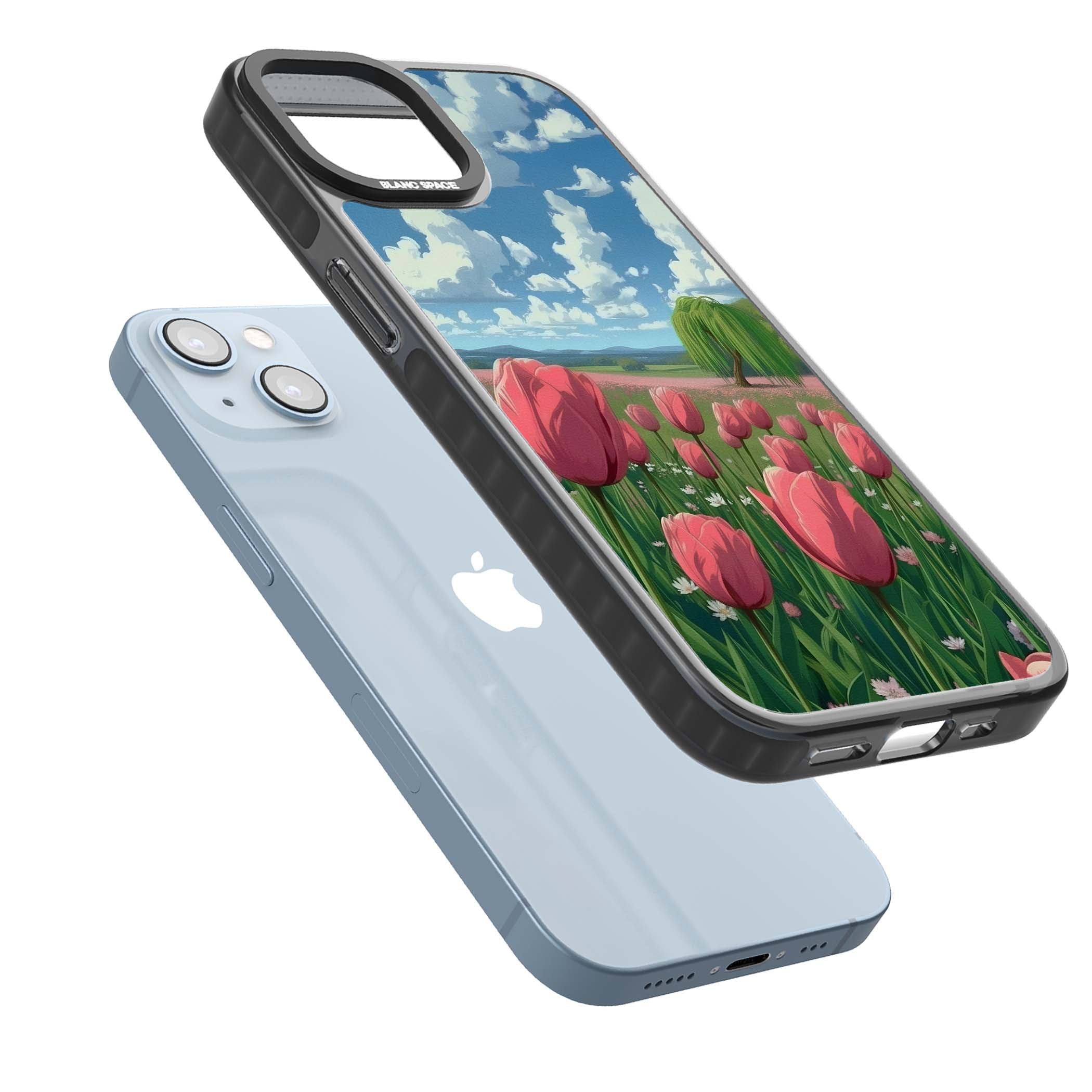 Willow By The Pink Tulips floral iPhone case | Black Impact case for iPhone 13, iPhone 14, iPhone 15