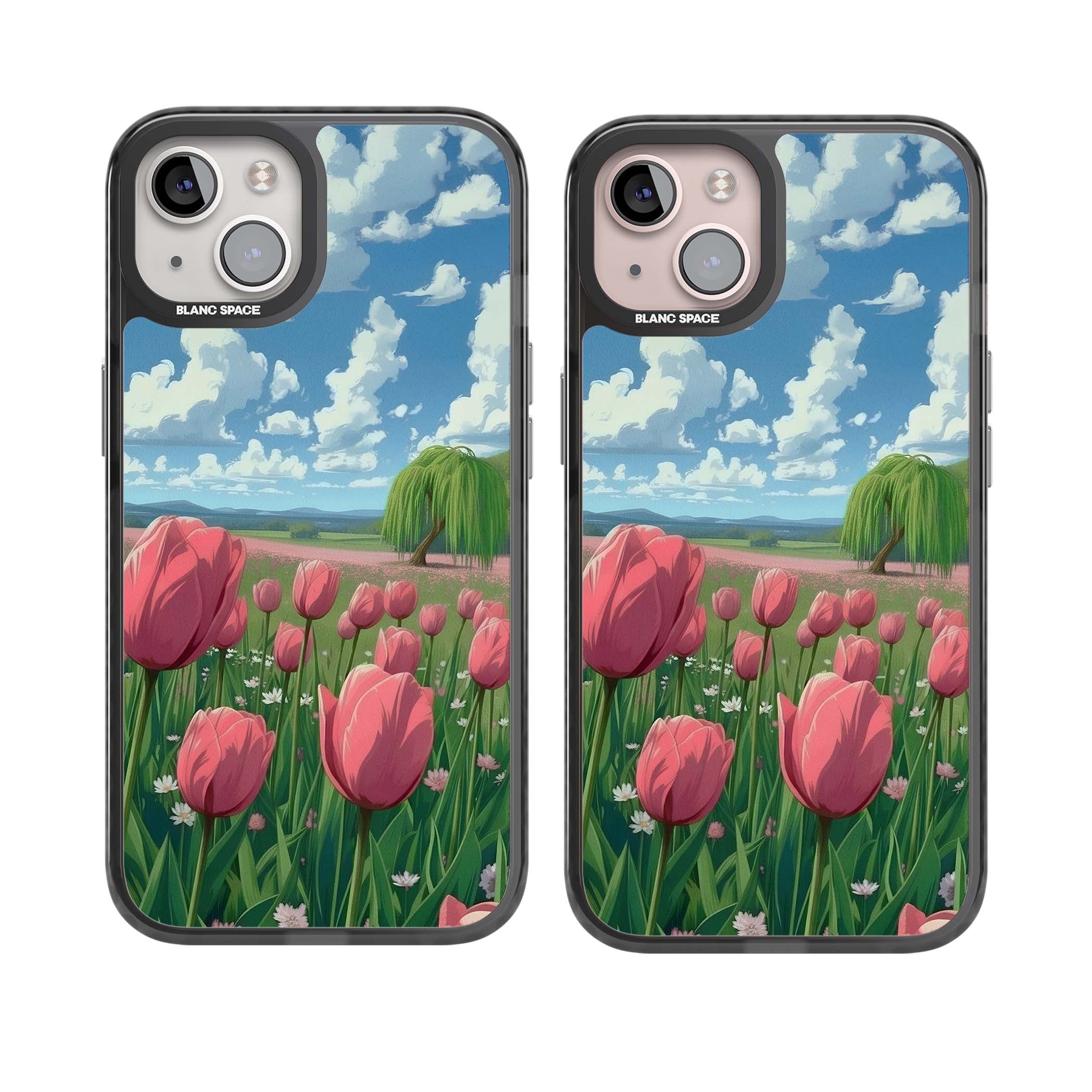 Willow By The Pink Tulips floral iPhone case | Black Impact case for iPhone 13, iPhone 14, iPhone 15