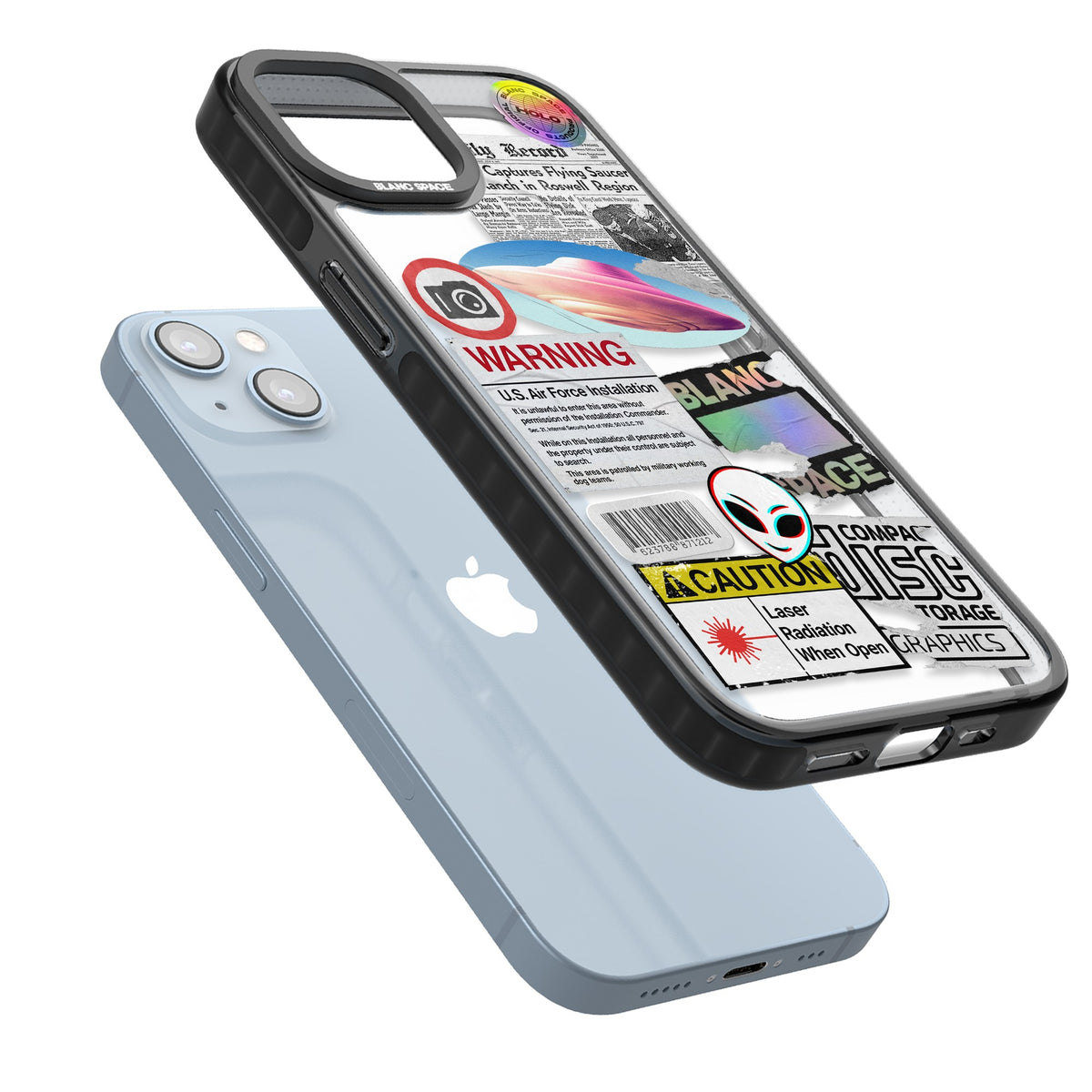 Cosmic Encounters iPhone 12 / 12 Pro / iPhone 13 / iPhone 14 / iPhone 14 Plus / iPhone 15 / iPhone 15 Plus Impact Black Phone Case angled