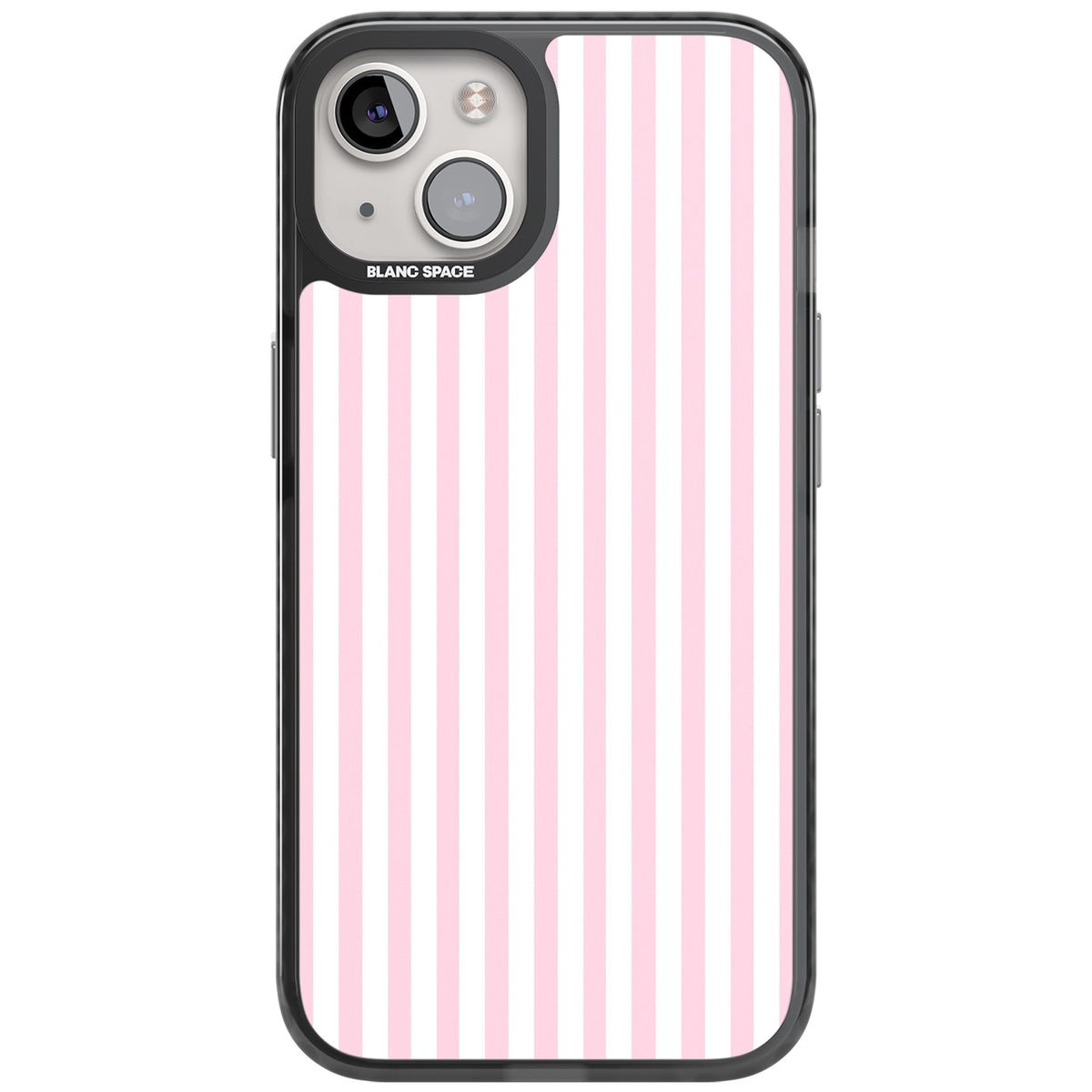 Pink Stripe preppy iPhone case featuring soft pastel pink and white vertical candy stripes iPhone 12 / 12 Pro / iPhone 12 / iPhone 12 Pro / iPhone 13 / iPhone 14 / iPhone 14 Plus / iPhone 15 / iPhone 15 Plus Impact Black Phone Case front